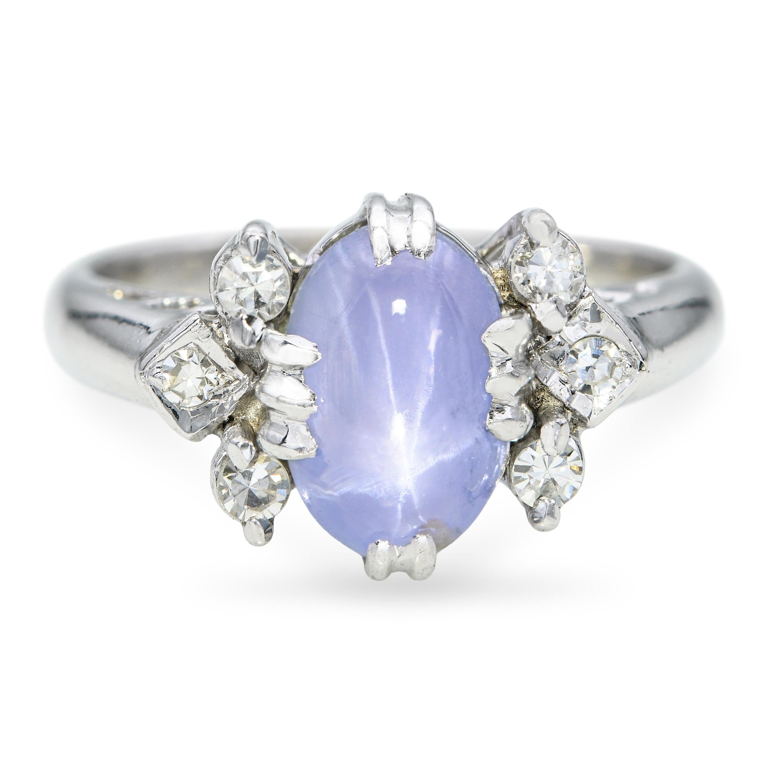 Vintage 18k White Gold Star 1.80ct Star Sapphire and Diamond Ring