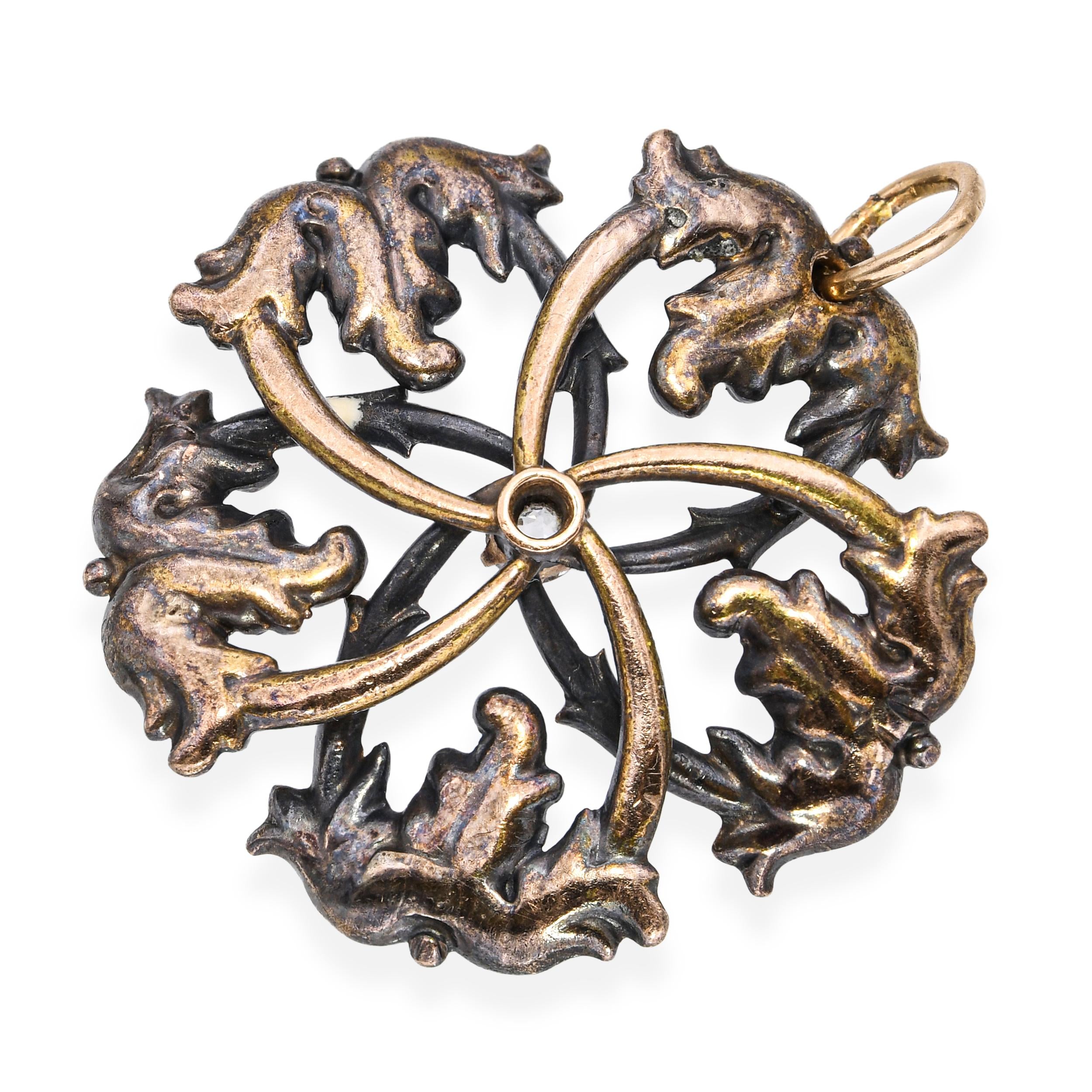 Antique Art Nuevo 18k Rose Gold Diamond Foliage Cyclical Pendant