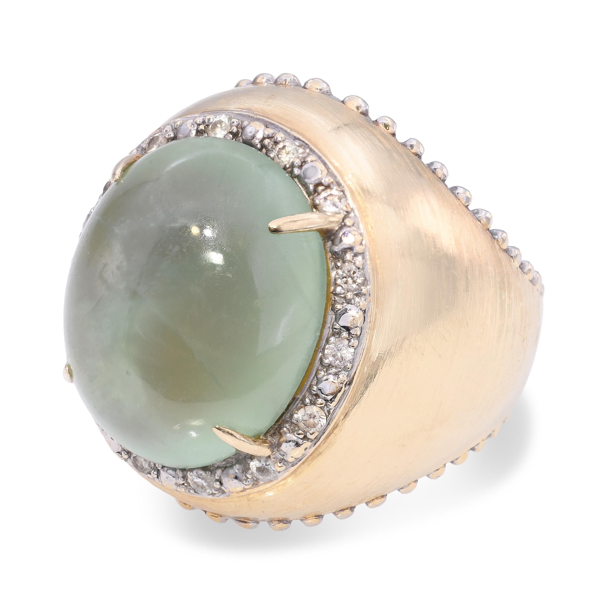14k Yellow Gold 15.50ct Prehnite and Diamond Dome Ring