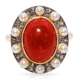 Antique Victorian Two-Tone Coral, Pearl and Rose Cut Diamond Statement Ring