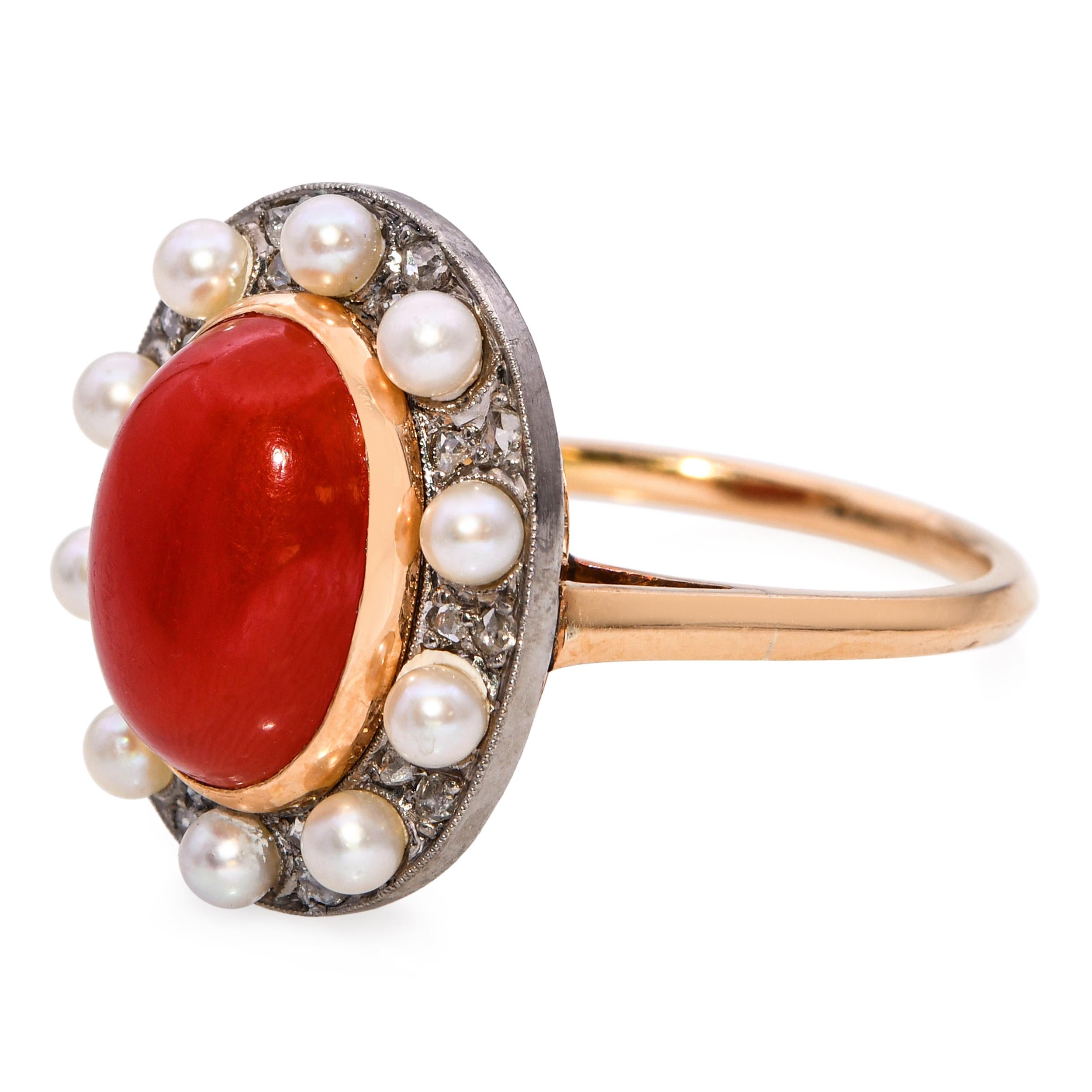 Antique Victorian Two-Tone Coral, Pearl and Rose Cut Diamond Statement Ring