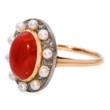 Antique Victorian Two-Tone Coral, Pearl and Rose Cut Diamond Statement Ring