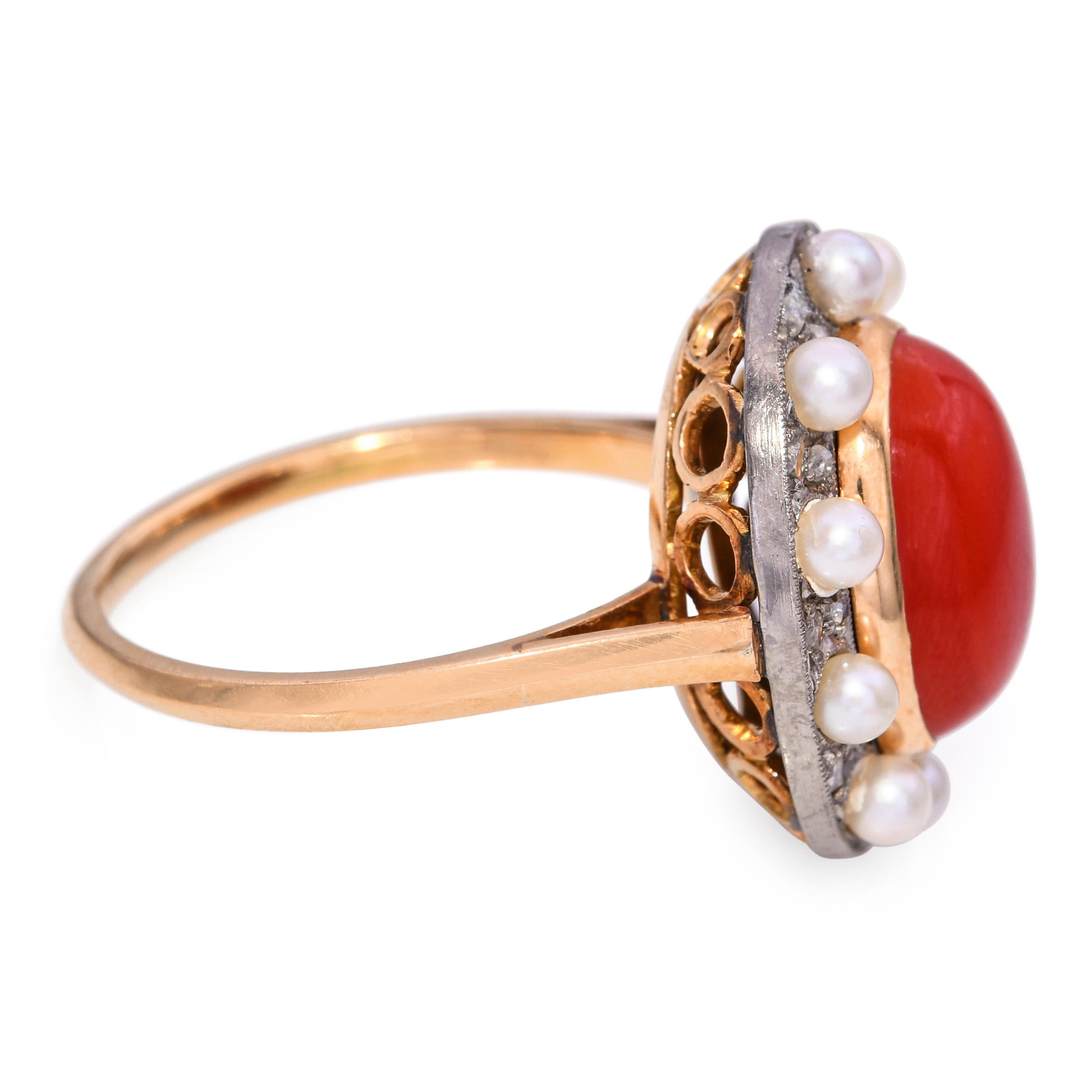Antique Victorian Two-Tone Coral, Pearl and Rose Cut Diamond Statement Ring