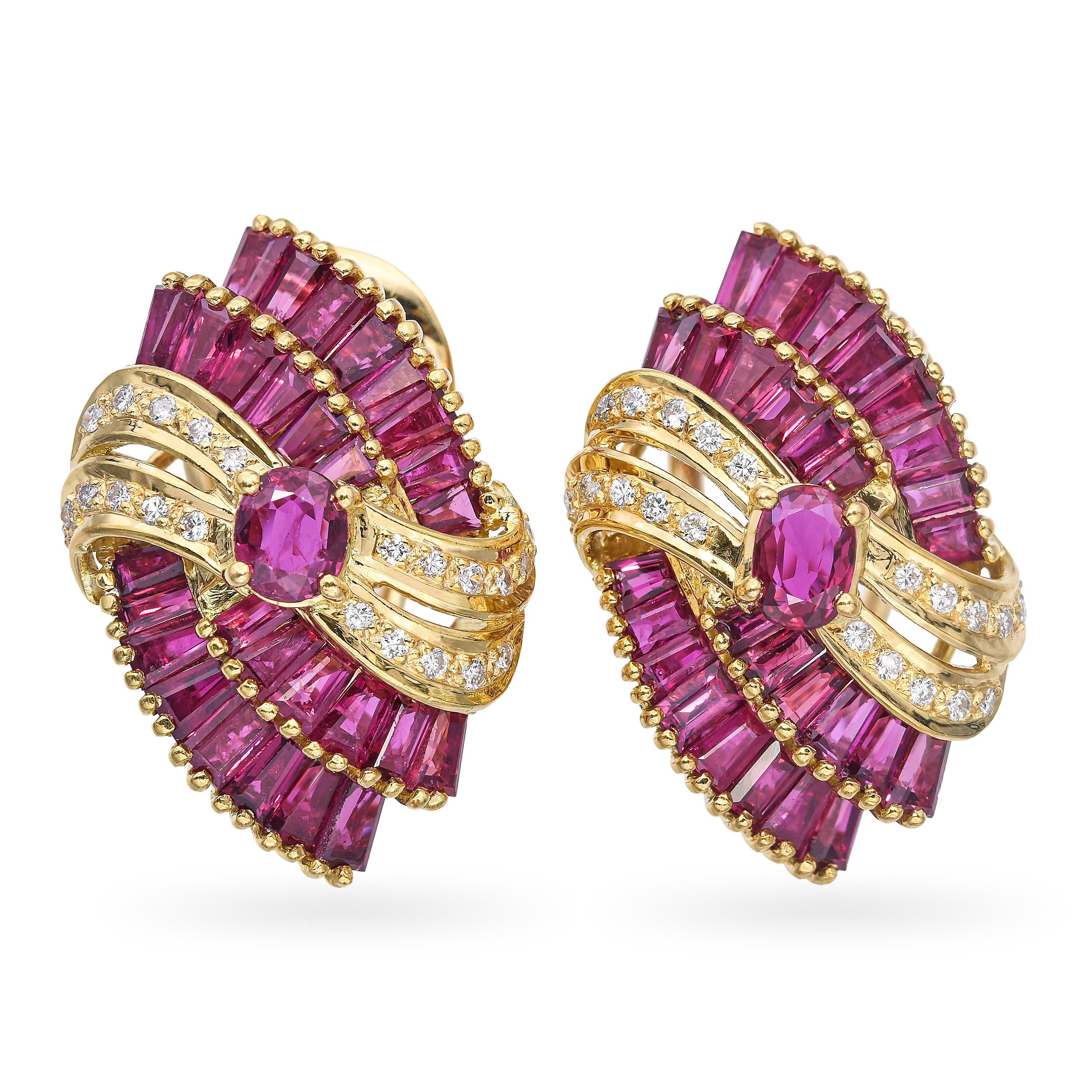 Vintage 18k Yellow Gold 6.78tcw Ruby and Diamond Earrings