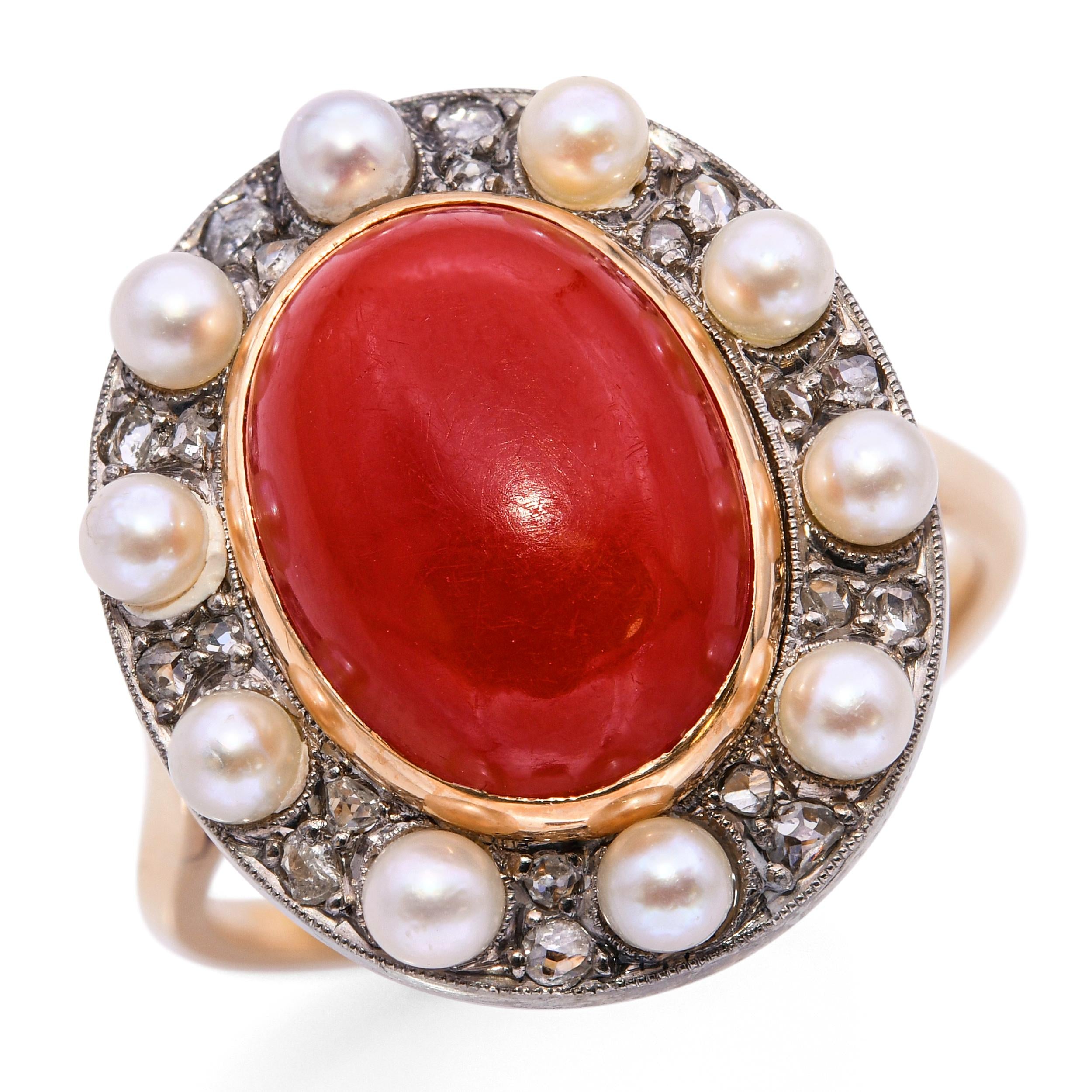 Antique Victorian Two-Tone Coral, Pearl and Rose Cut Diamond Statement Ring