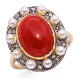 Antique Victorian Two-Tone Coral, Pearl and Rose Cut Diamond Statement Ring