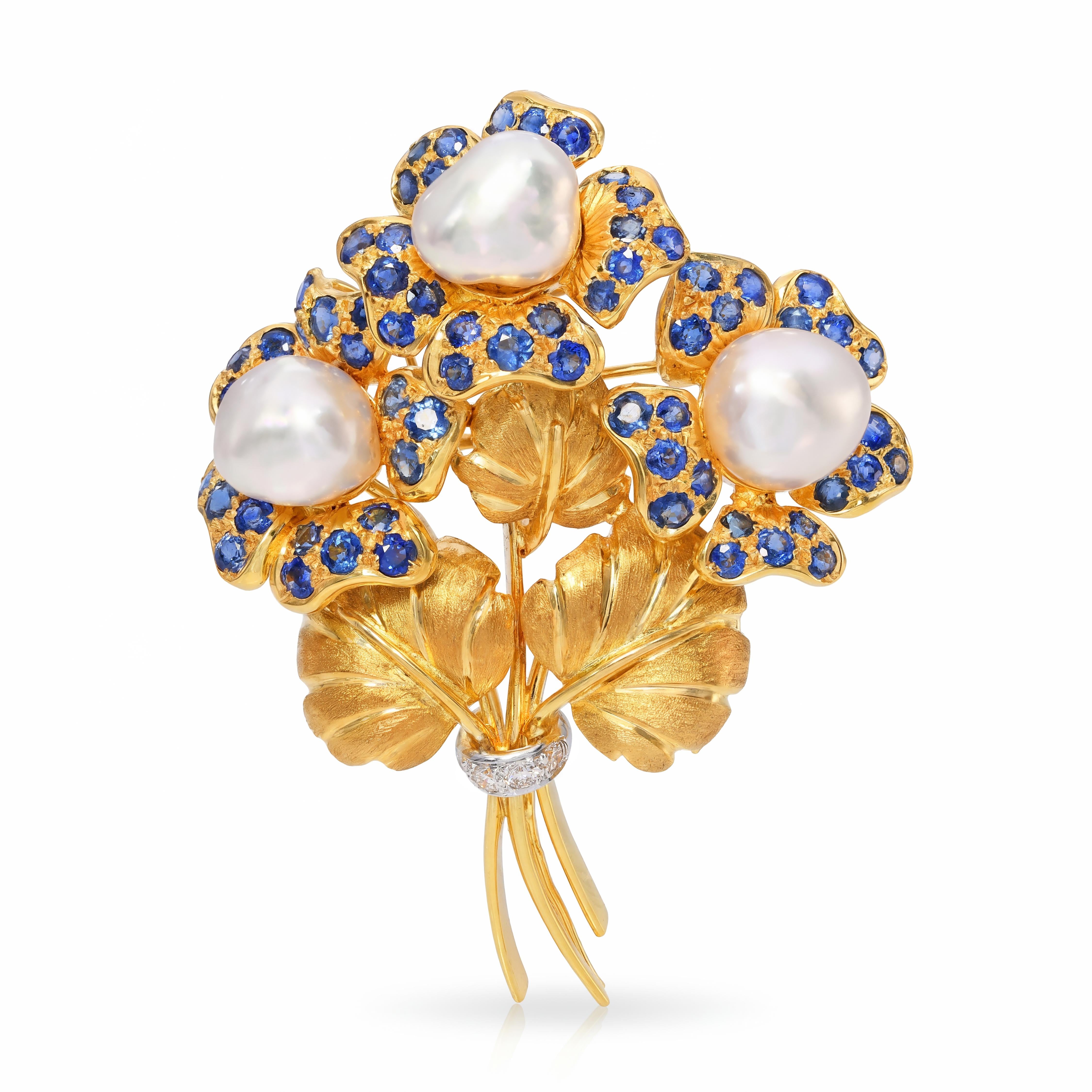 Vintage 18k Yellow Gold Pearl, Sapphire and Diamond Flower Bouquet Brooch