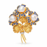 Vintage 18k Yellow Gold Pearl, Sapphire and Diamond Flower Bouquet Brooch
