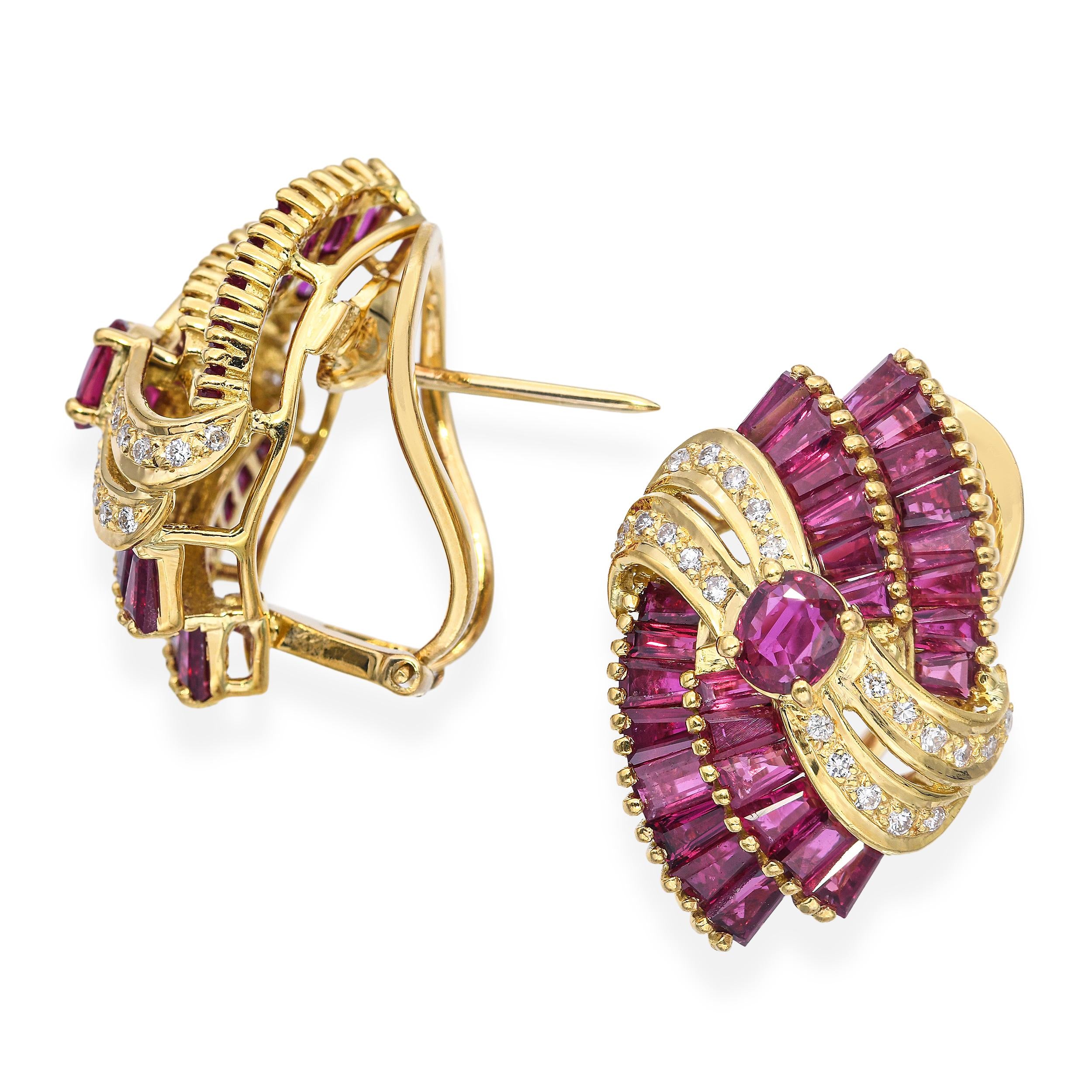 Vintage 18k Yellow Gold 6.78tcw Ruby and Diamond Earrings