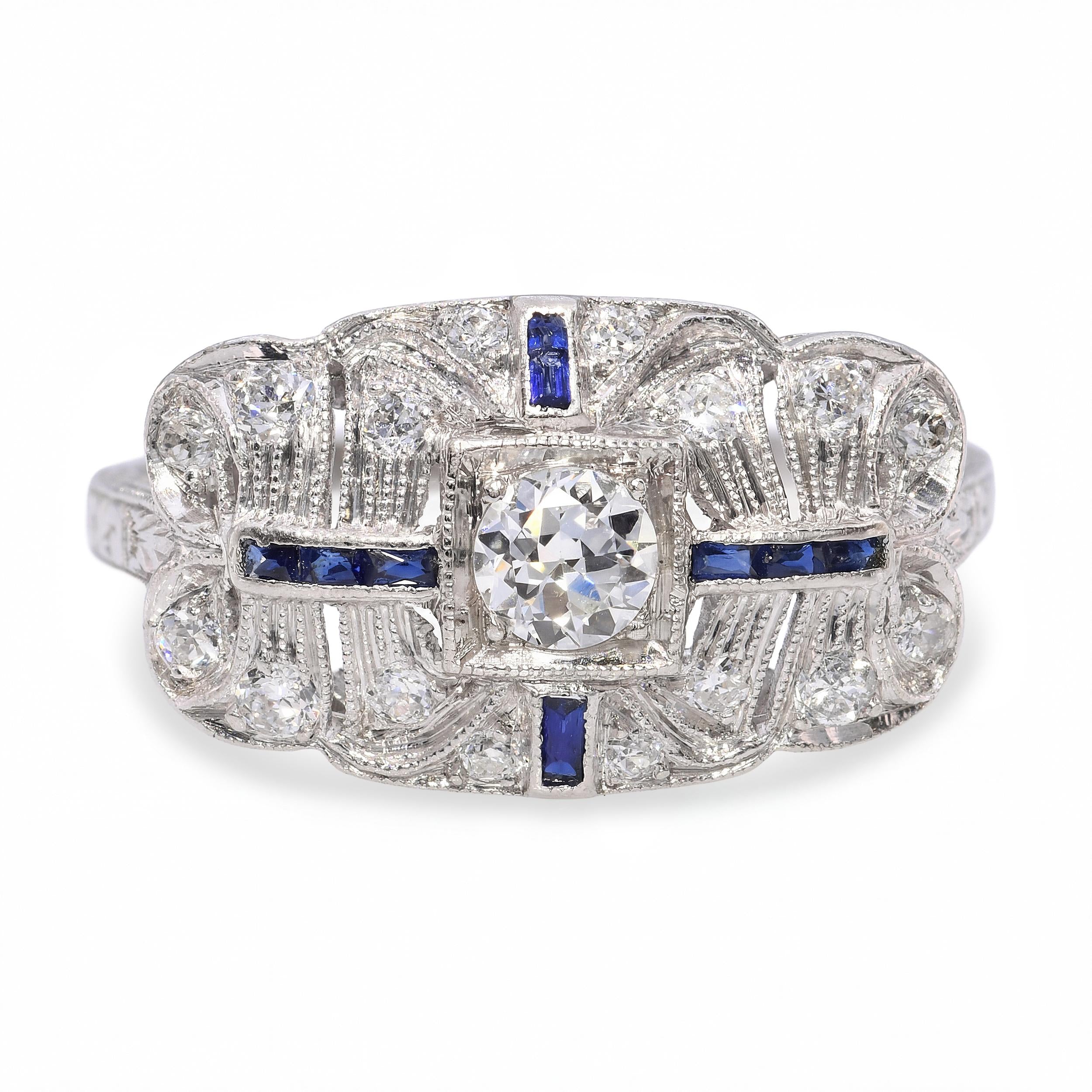 Art Deco Platinum Diamond and Sapphire Ring