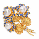 Vintage 18k Yellow Gold Pearl, Sapphire and Diamond Flower Bouquet Brooch