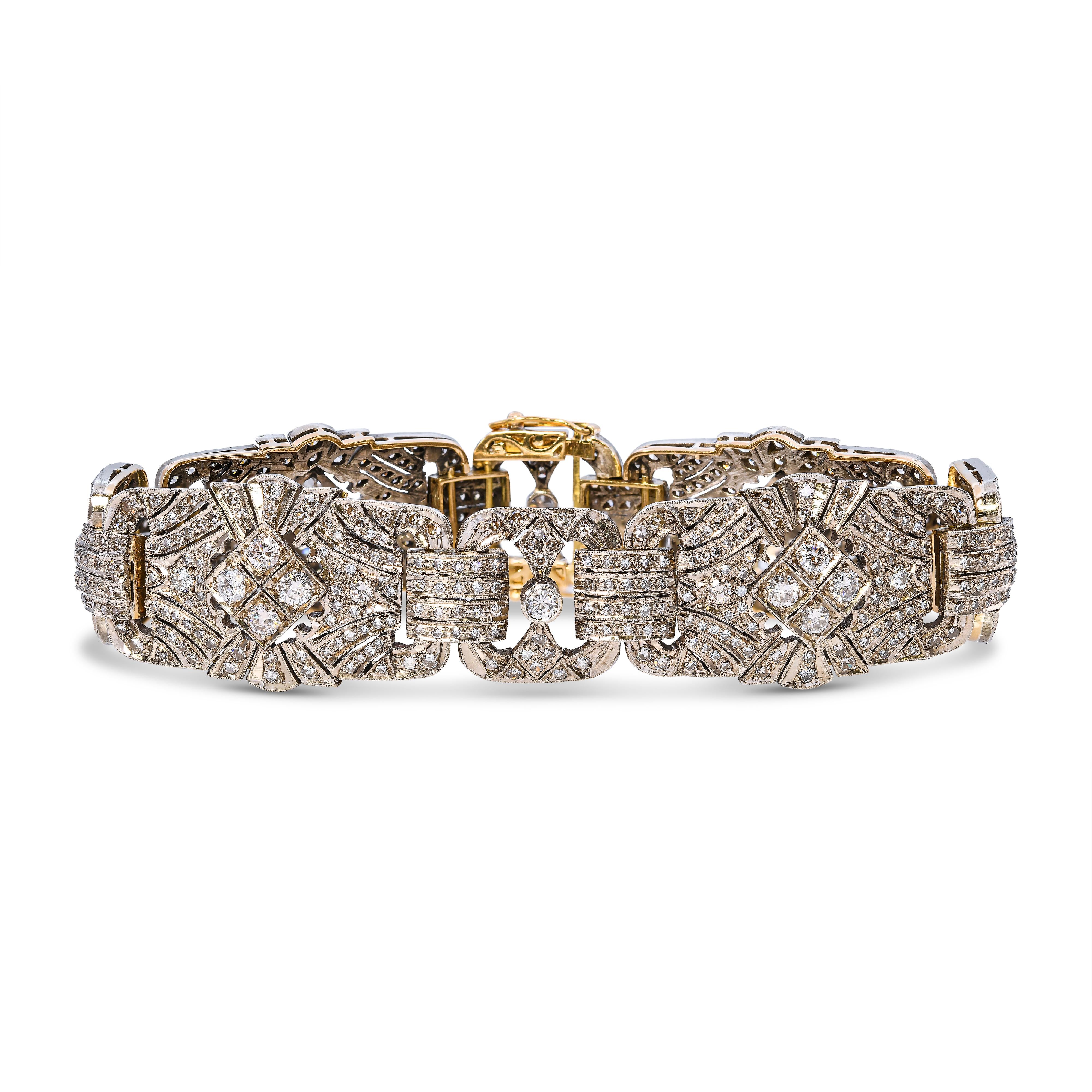 Vintage 14k Yellow Gold and Silver 5.73tcw Diamond Art Deco Style Motif Bracelet