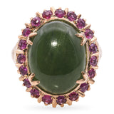Vintage Rose Gold 7.86ct Nephrite Jade and Ruby Halo Ring