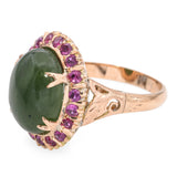 Vintage Rose Gold 7.86ct Nephrite Jade and Ruby Halo Ring