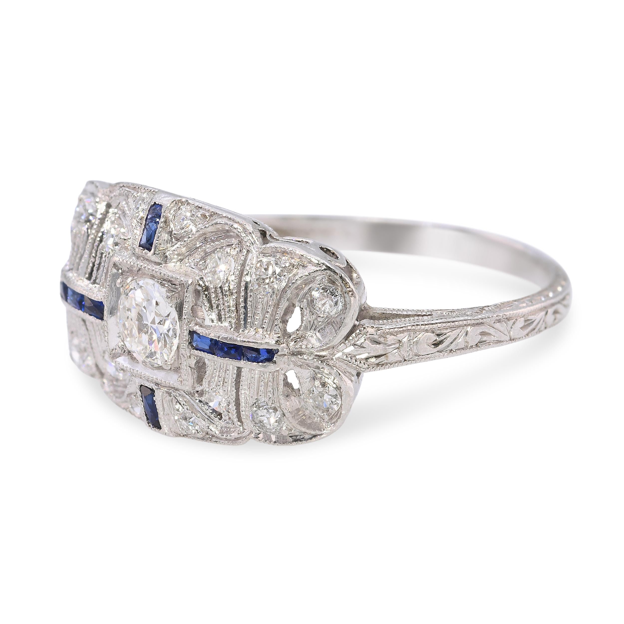 Art Deco Platinum Diamond and Sapphire Ring