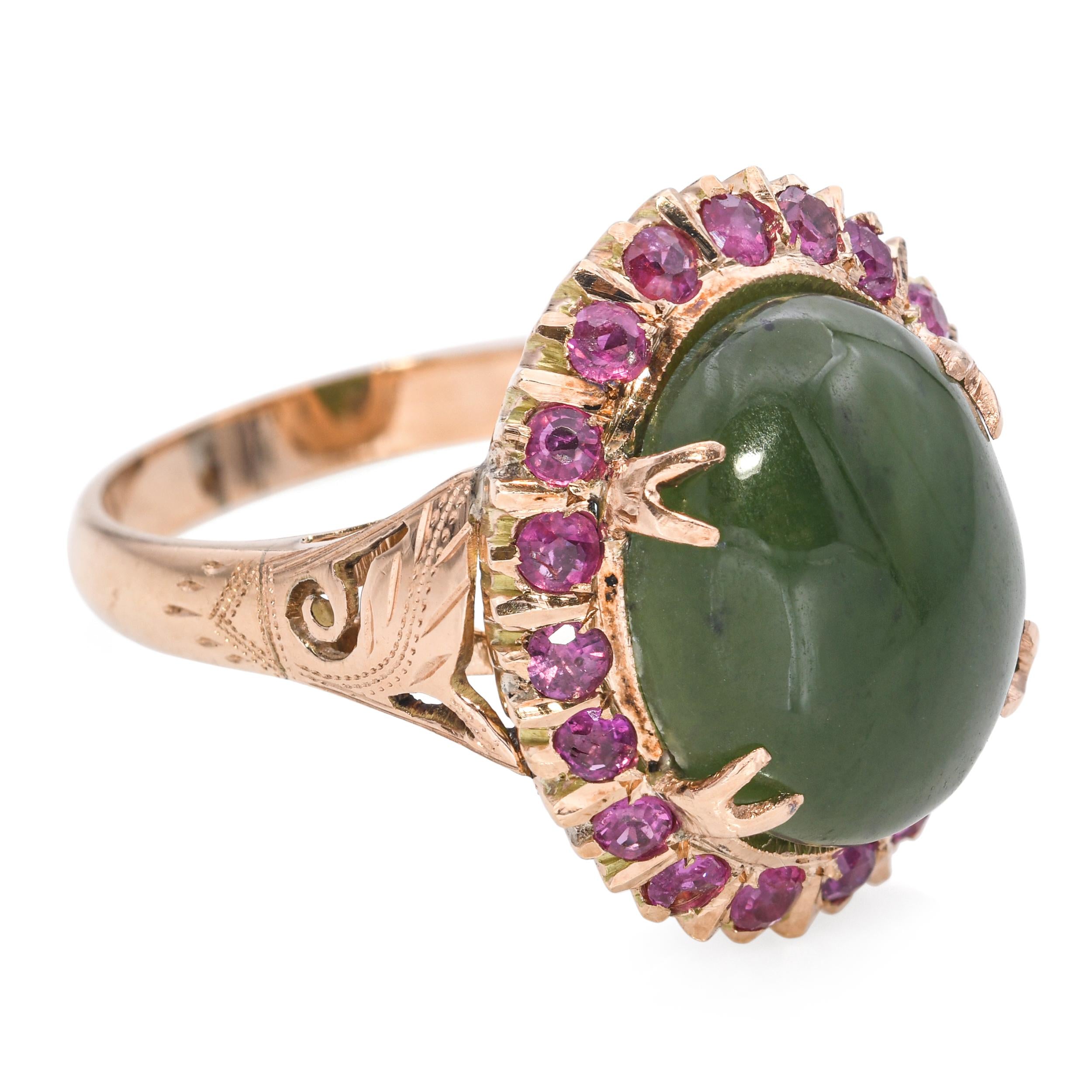 Vintage Rose Gold 7.86ct Nephrite Jade and Ruby Halo Ring