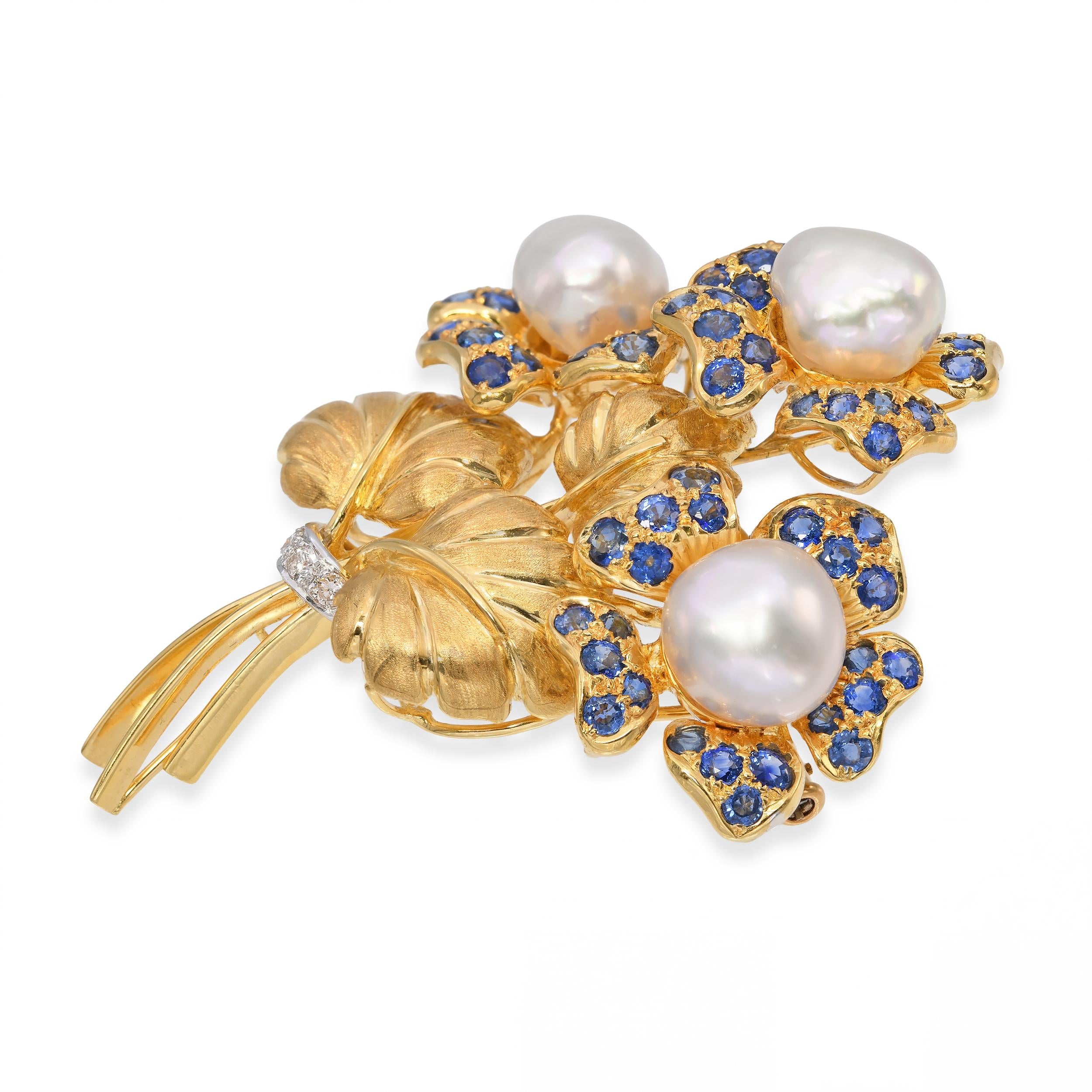 Vintage 18k Yellow Gold Pearl, Sapphire and Diamond Flower Bouquet Brooch