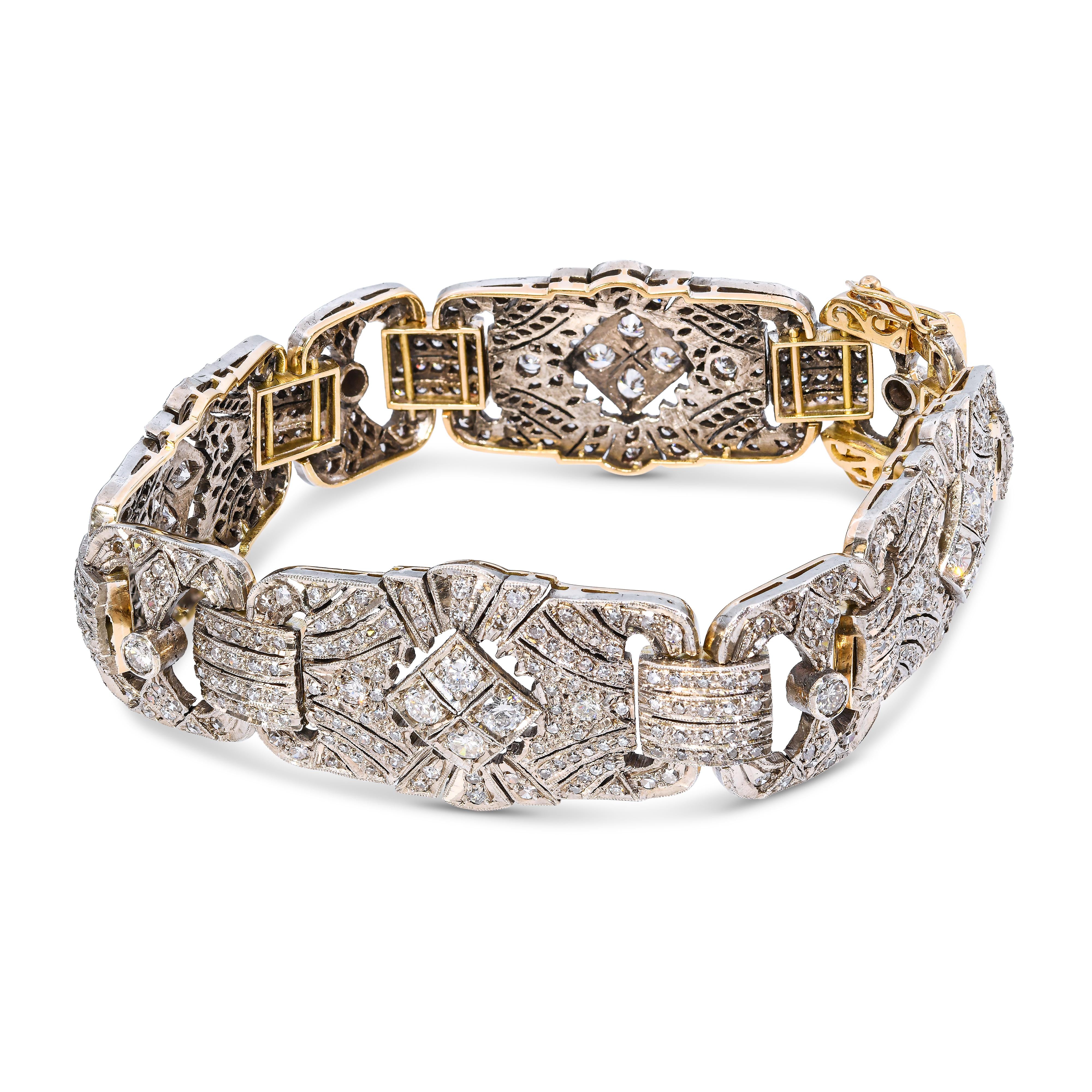 Vintage 14k Yellow Gold and Silver 5.73tcw Diamond Art Deco Style Motif Bracelet