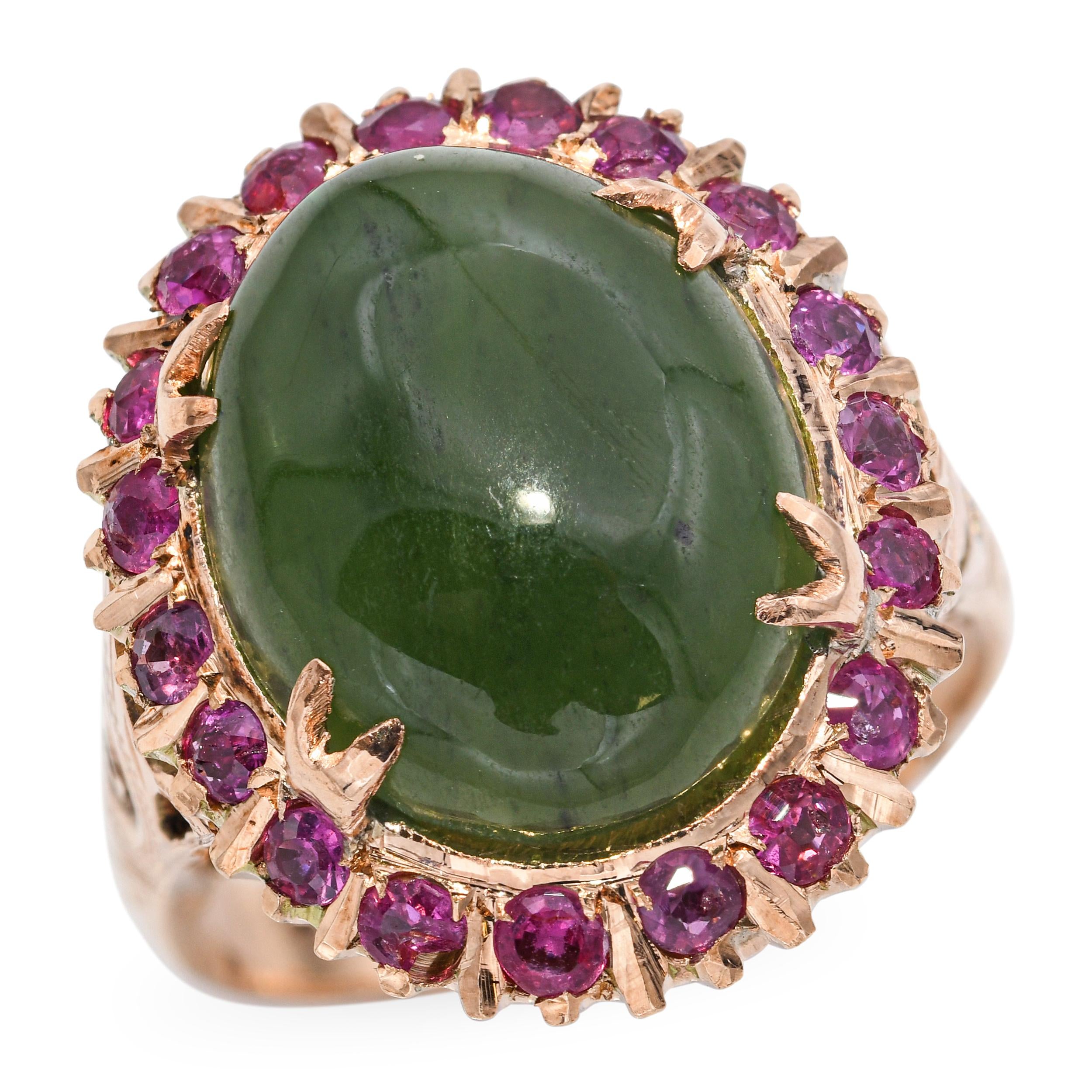 Vintage Rose Gold 7.86ct Nephrite Jade and Ruby Halo Ring