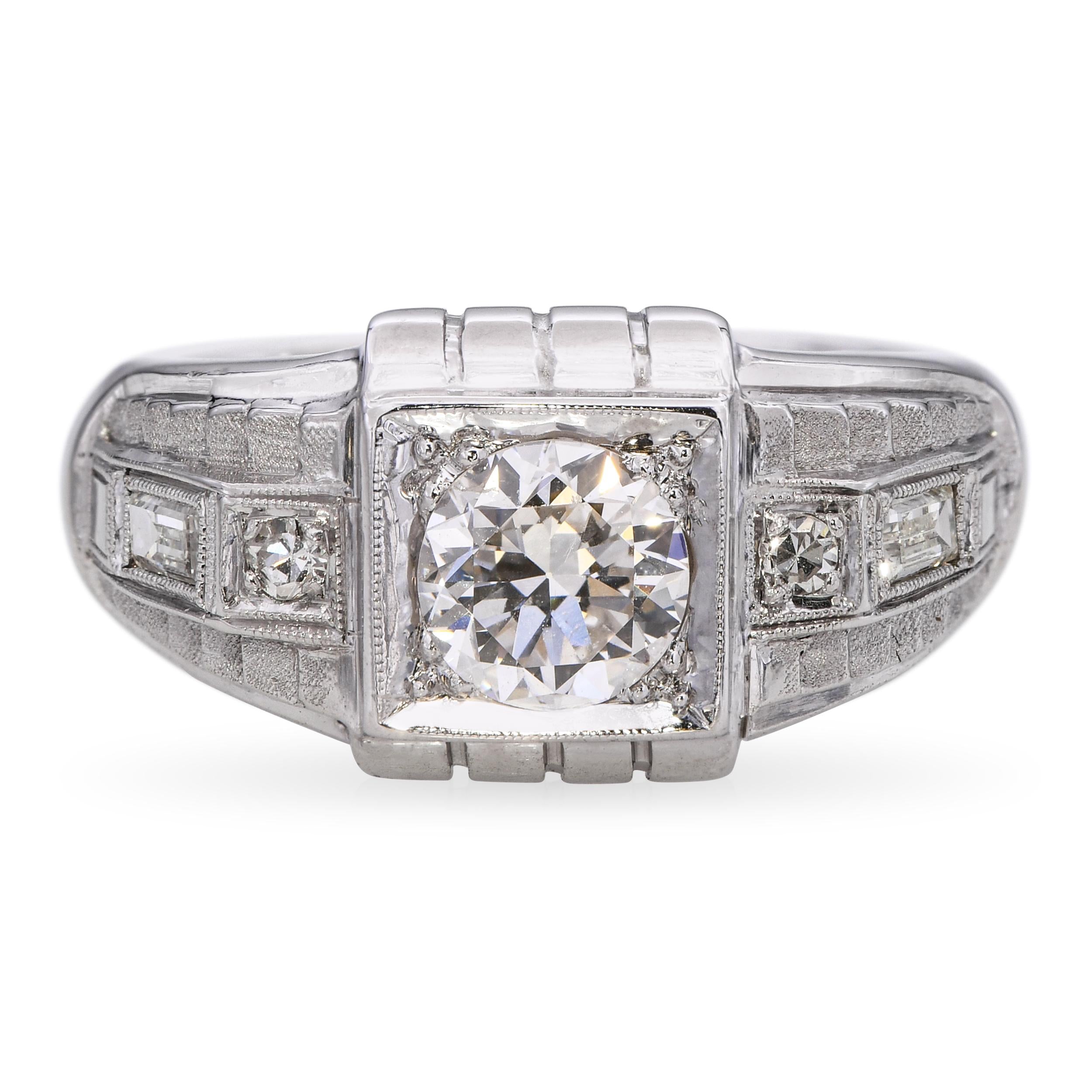 Vintage Art Deco 17k White Gold Old Euro Cut 1.01tcw H Si1 Diamond Ring