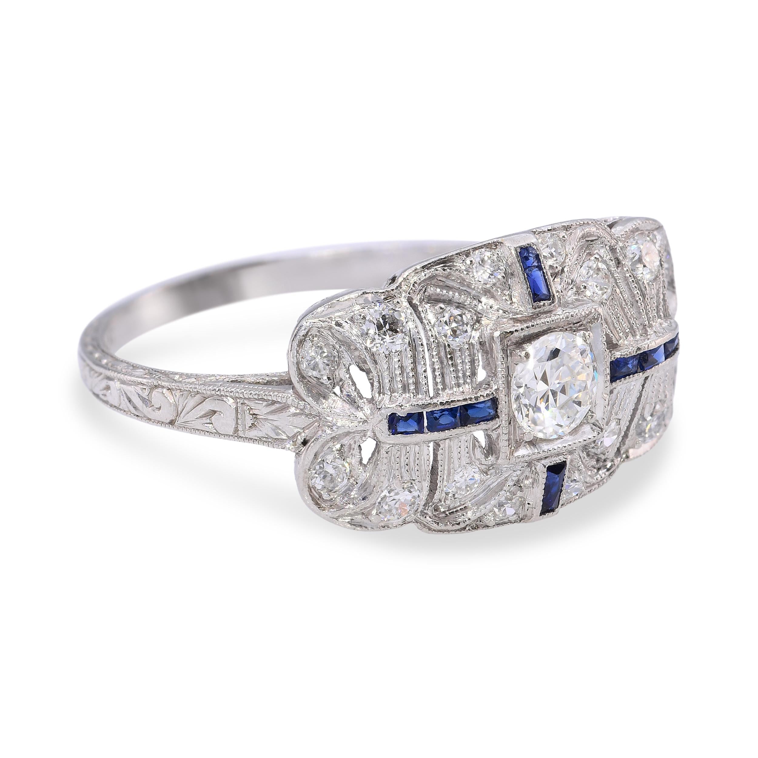 Art Deco Platinum Diamond and Sapphire Ring