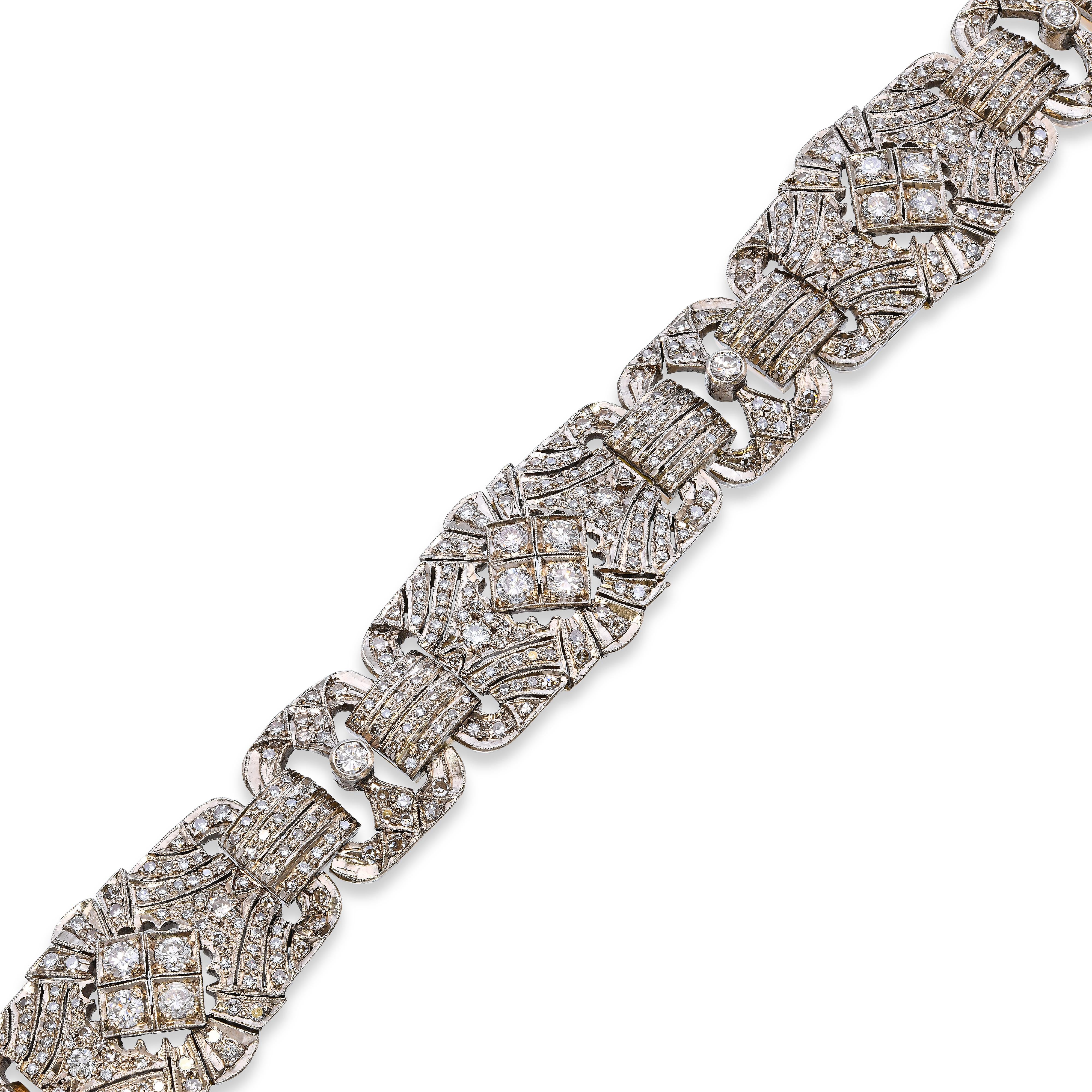 Vintage 14k Yellow Gold and Silver 5.73tcw Diamond Art Deco Style Motif Bracelet