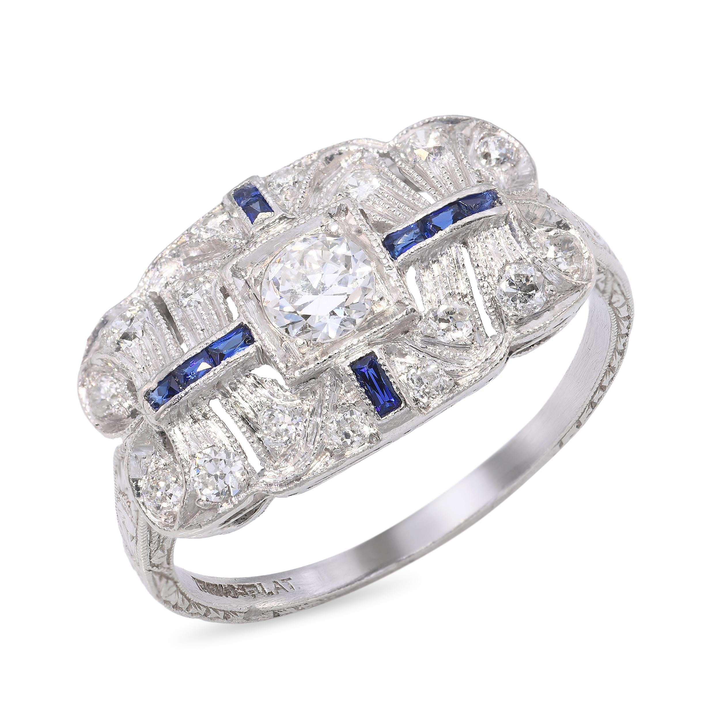 Art Deco Platinum Diamond and Sapphire Ring