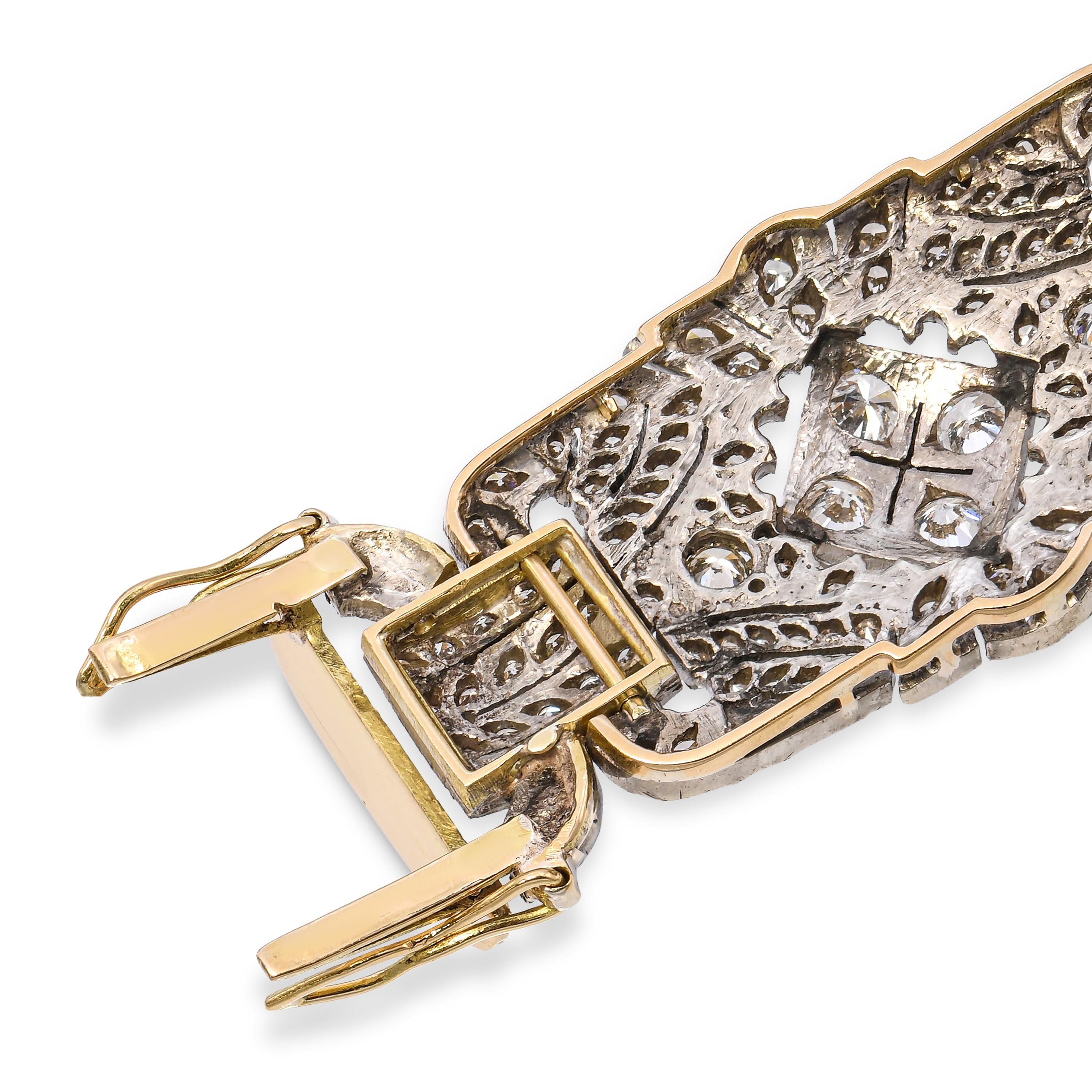 Vintage 14k Yellow Gold and Silver 5.73tcw Diamond Art Deco Style Motif Bracelet