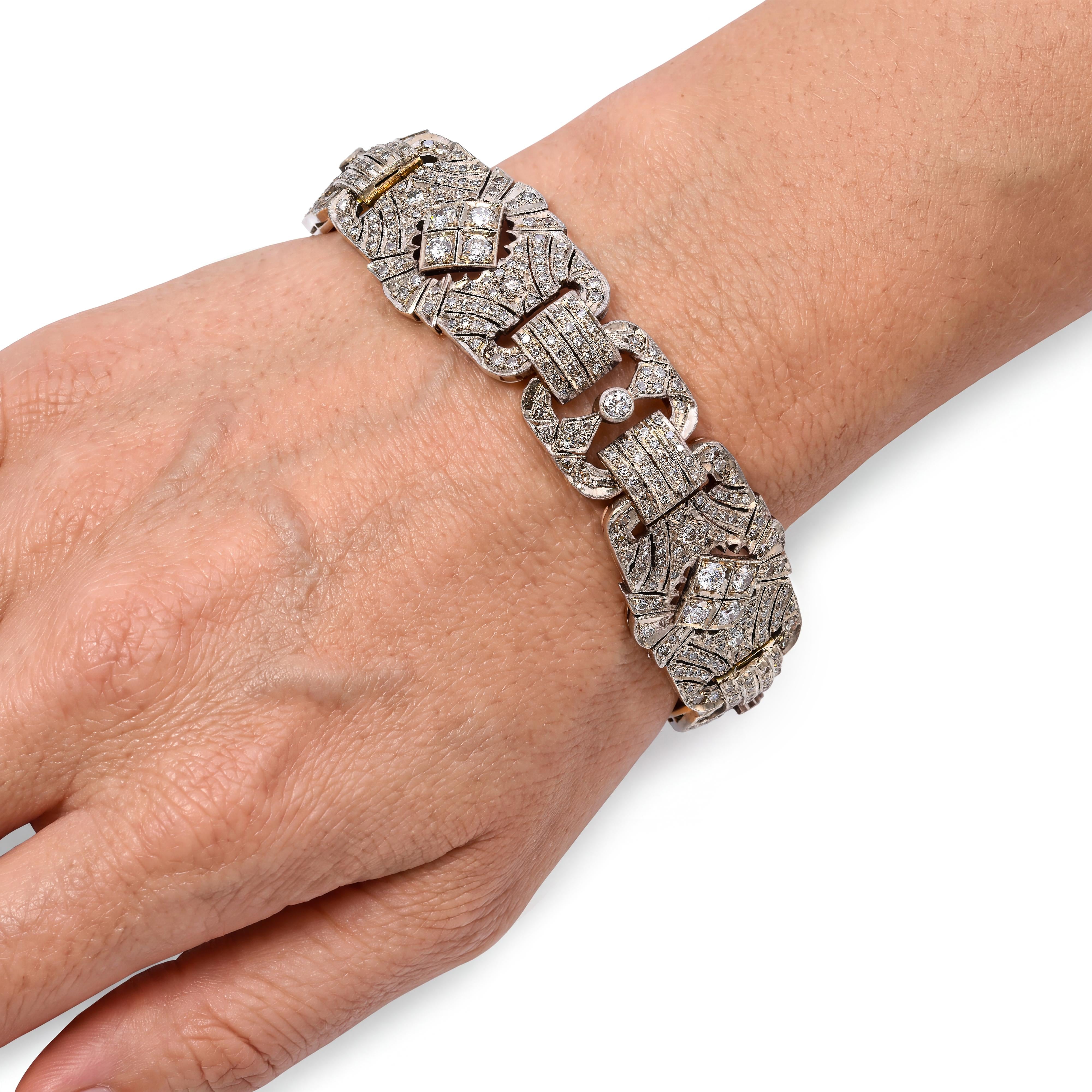 Vintage 14k Yellow Gold and Silver 5.73tcw Diamond Art Deco Style Motif Bracelet