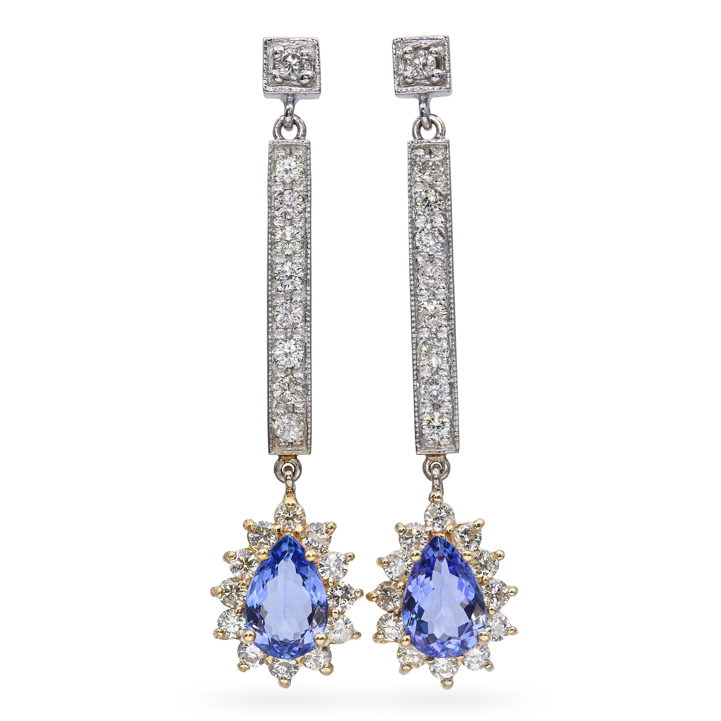 14k Yellow & White Gold Tanzanite Diamond Dangle Earrings