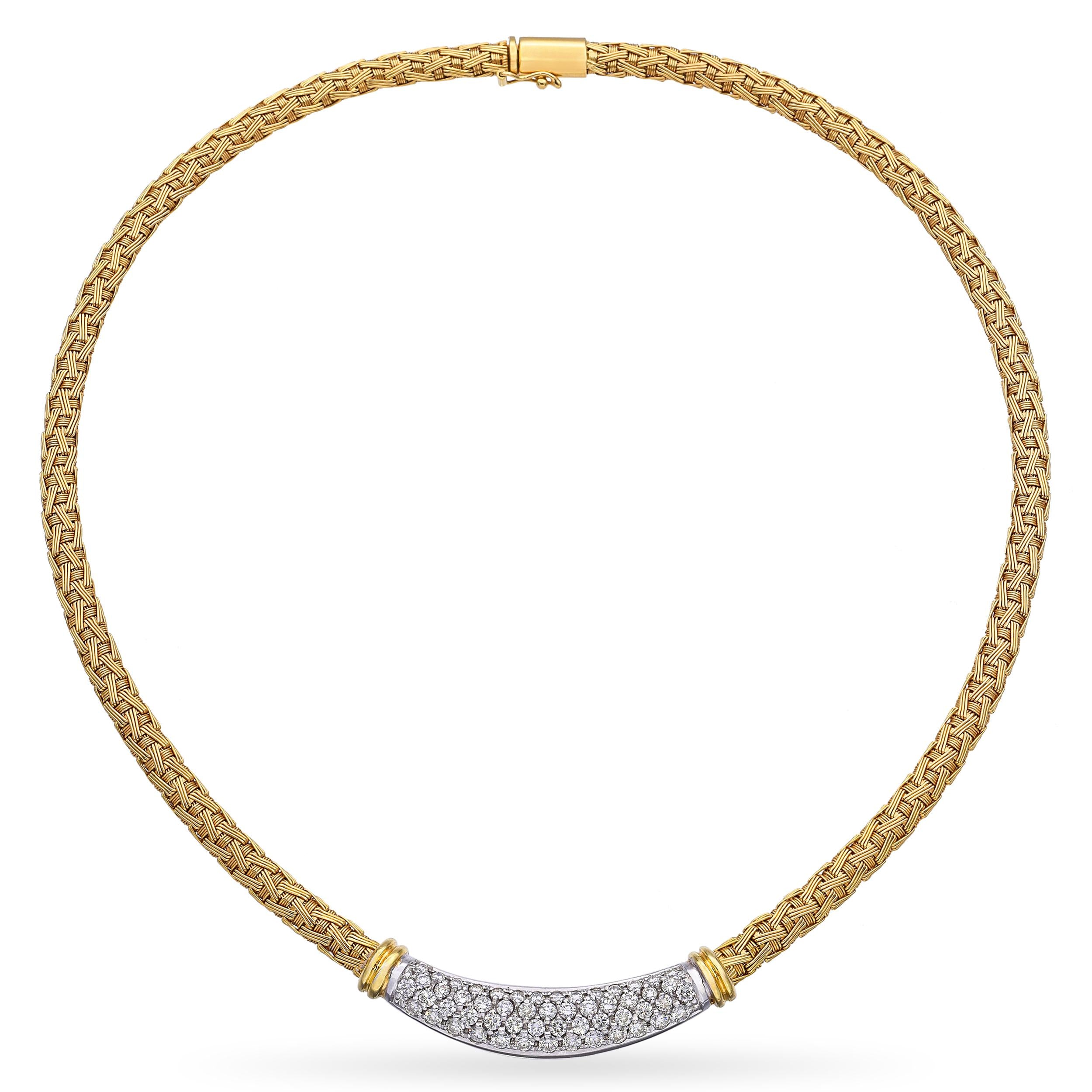 Roberto Coin 18k Yellow Gold Two Tone Braided Link Diamond Pave Necklace