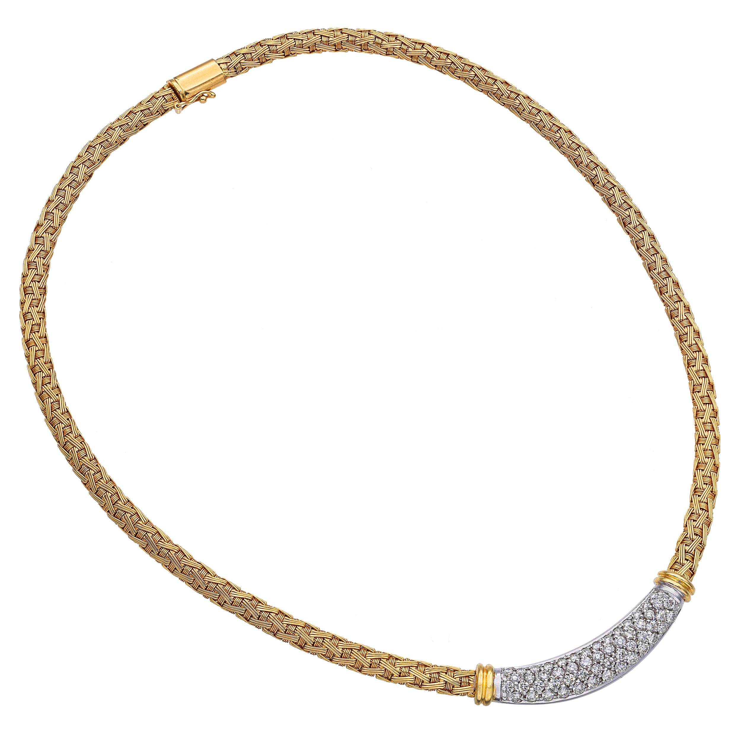 Roberto Coin 18k Yellow Gold Two Tone Braided Link Diamond Pave Necklace