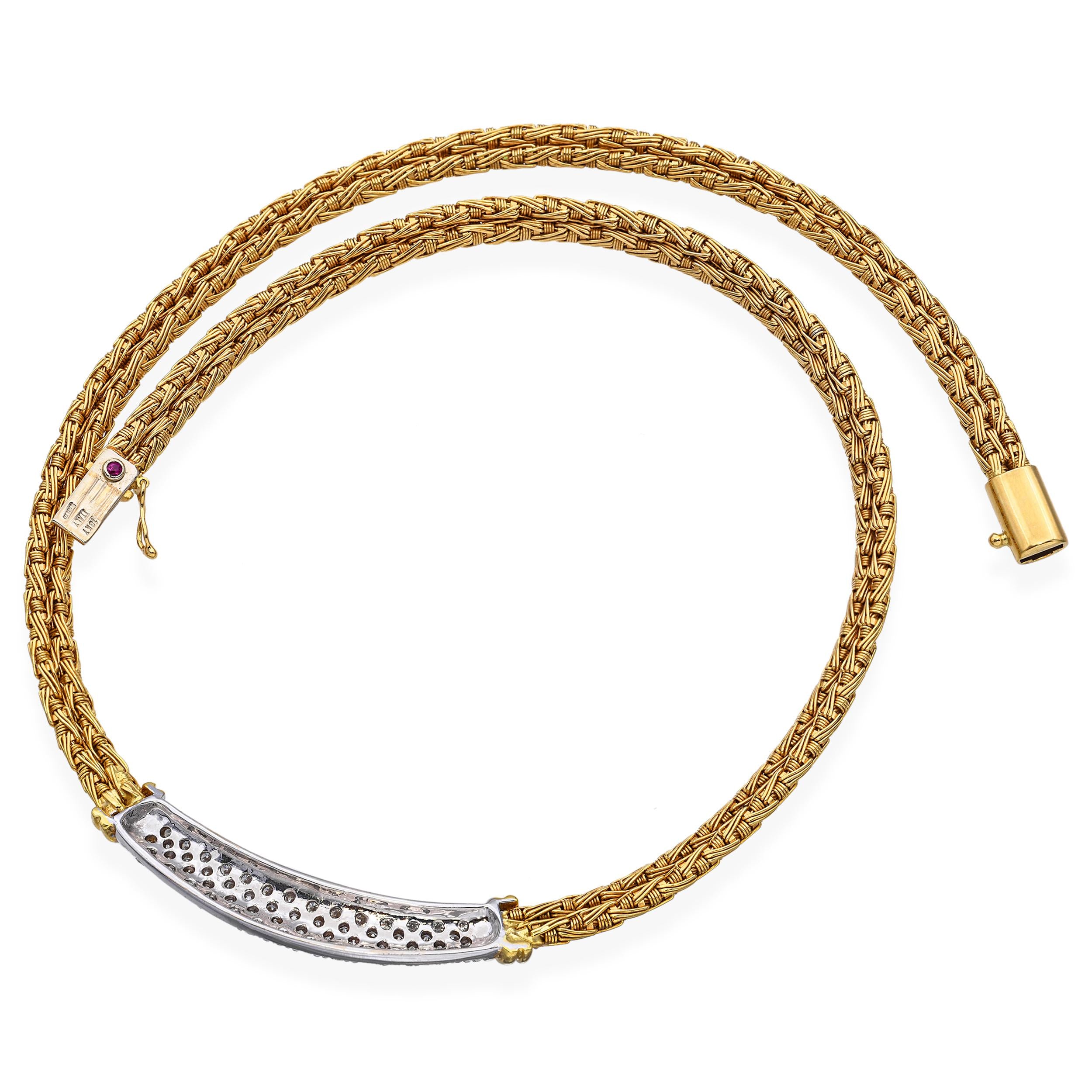 Roberto Coin 18k Yellow Gold Two Tone Braided Link Diamond Pave Necklace