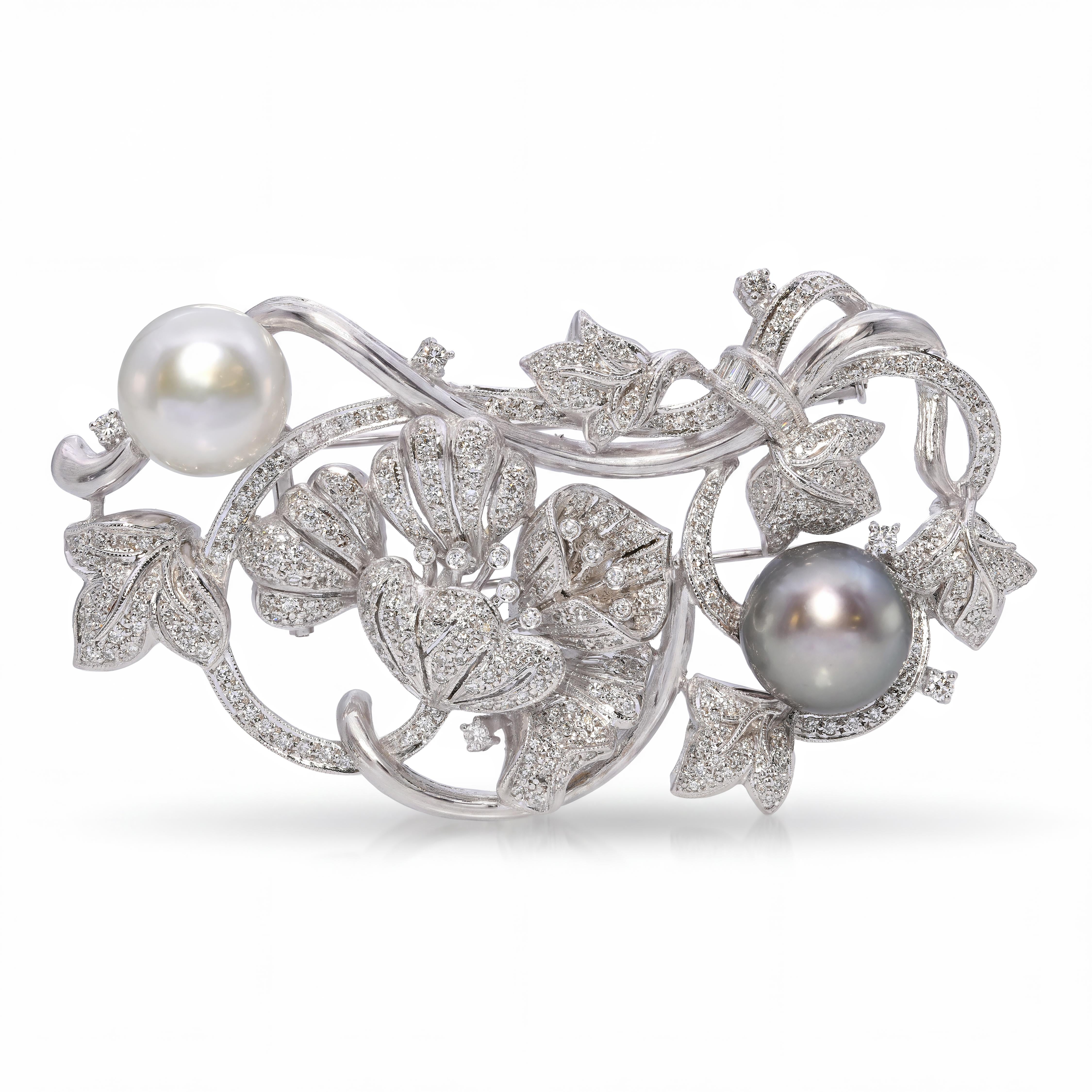 Large Platinum Pearl and 3.06ctw Diamond Floral Brooch