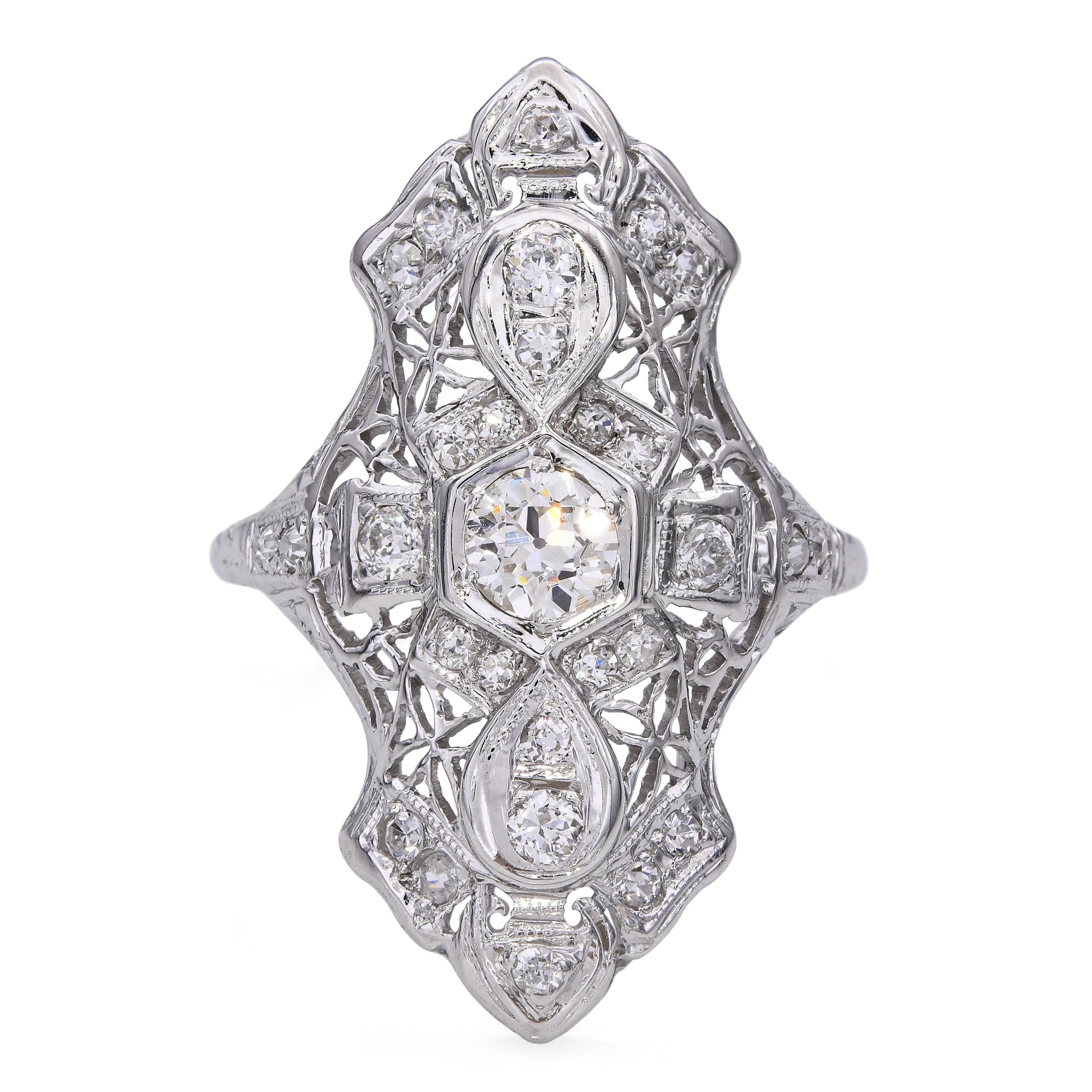 Art Deco 18k White Gold 0.67tcw Diamond Filigree Shield Ring