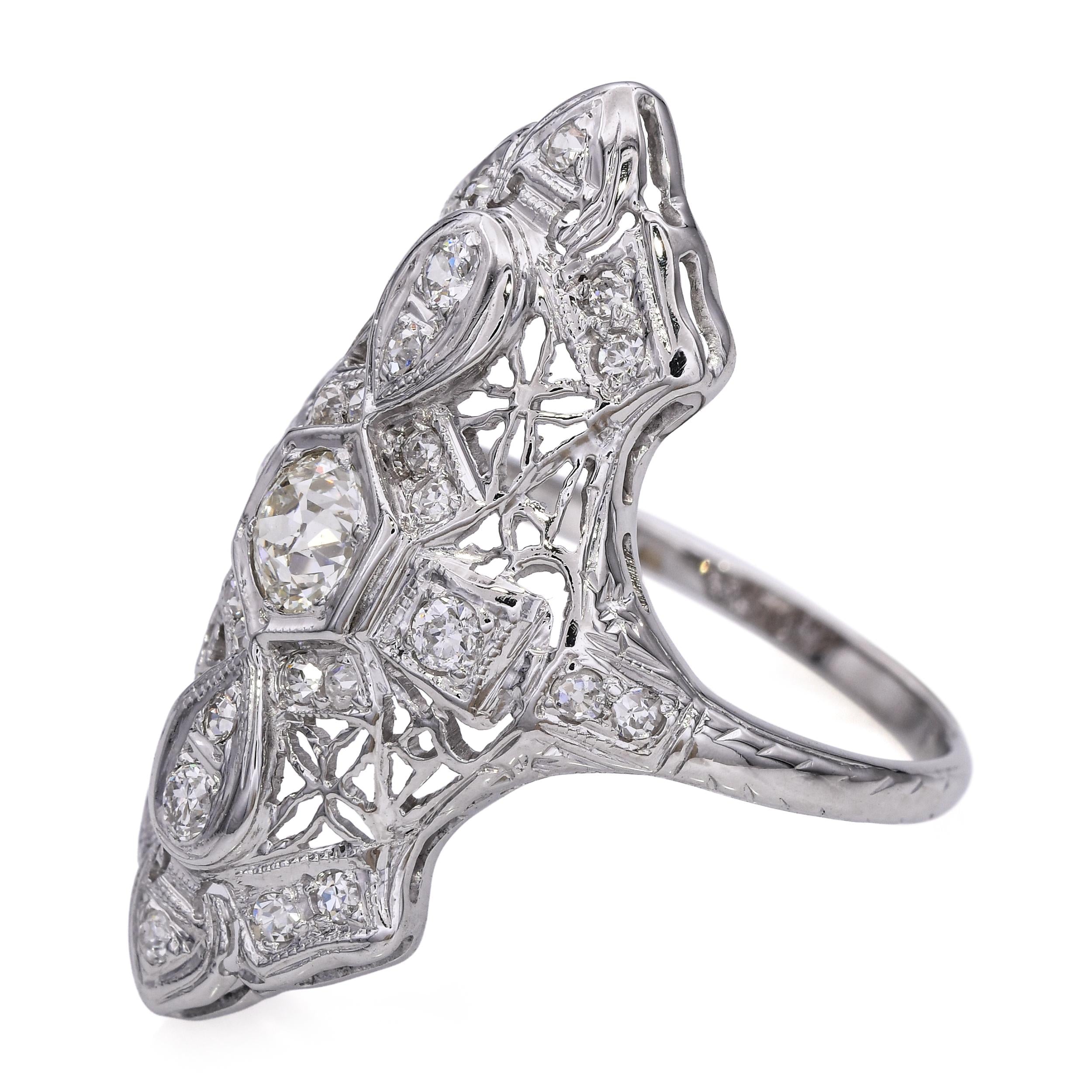 Art Deco 18k White Gold 0.67tcw Diamond Filigree Shield Ring