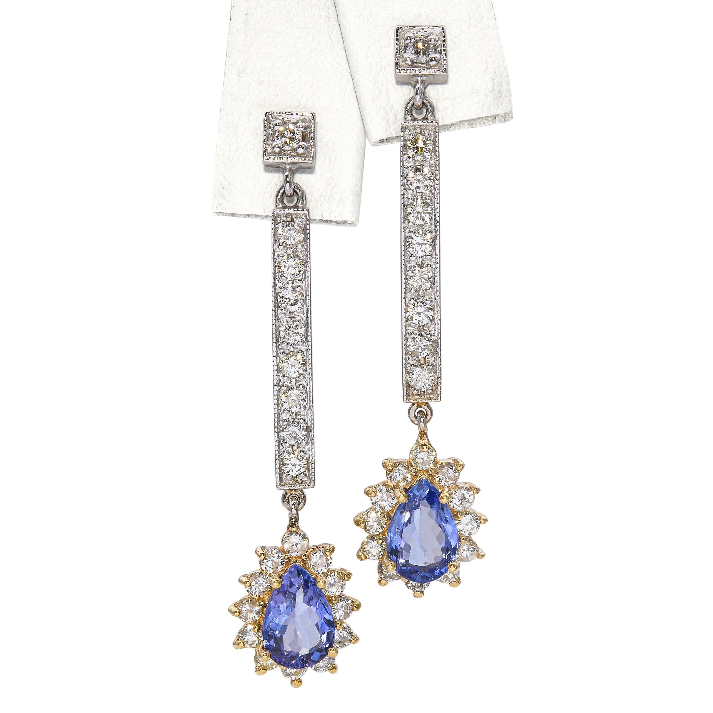 14k Yellow & White Gold Tanzanite Diamond Dangle Earrings