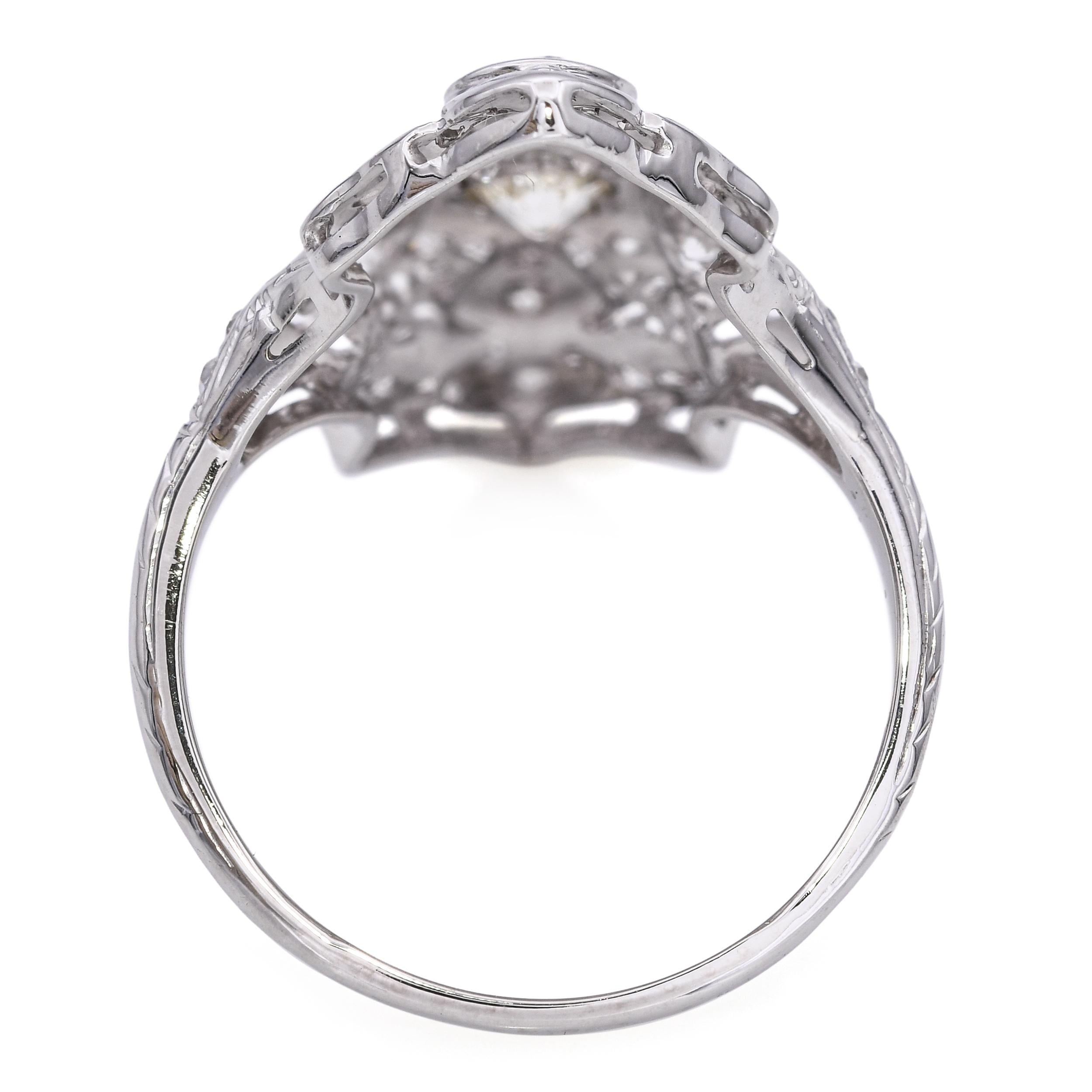 Art Deco 18k White Gold 0.67tcw Diamond Filigree Shield Ring