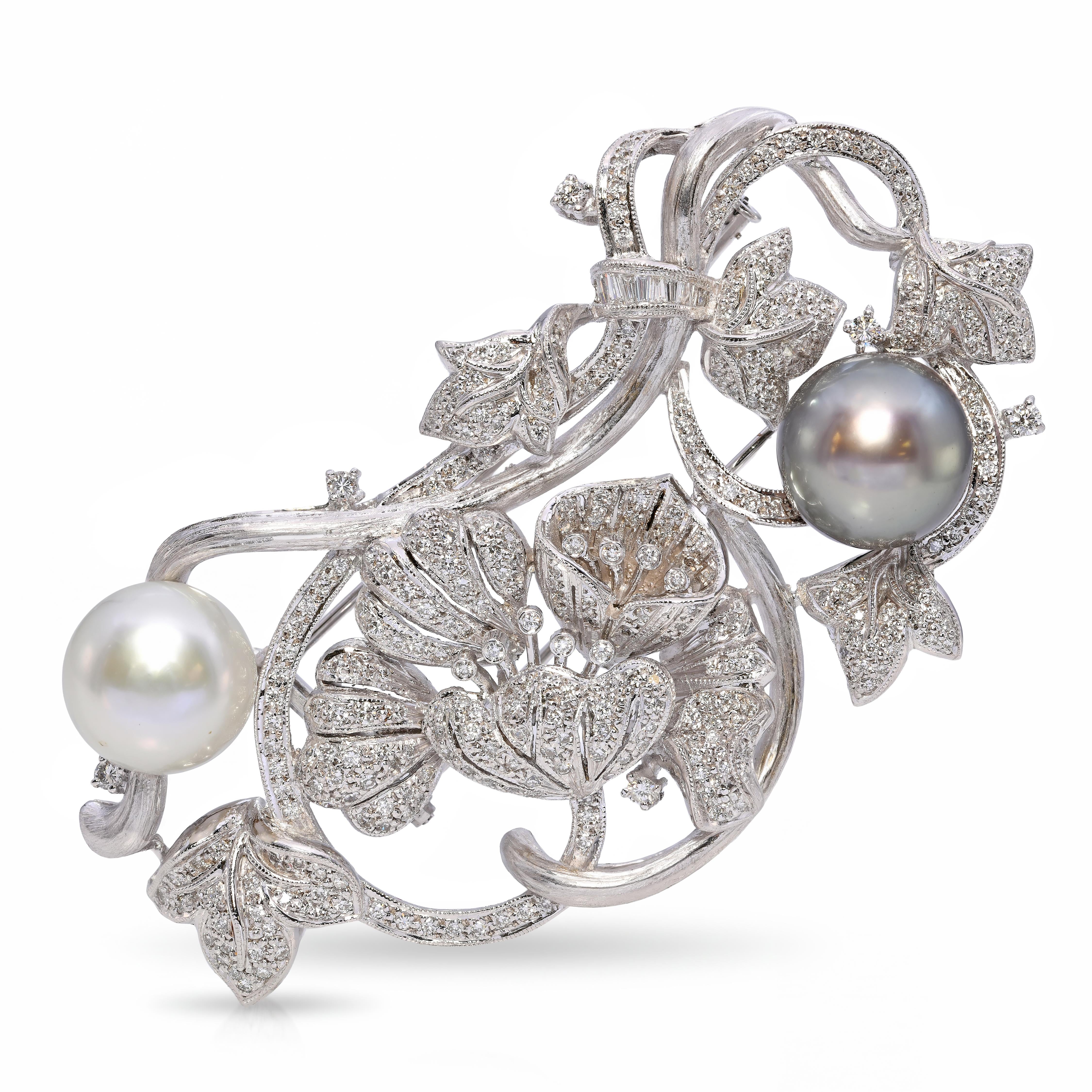 Large Platinum Pearl and 3.06ctw Diamond Floral Brooch