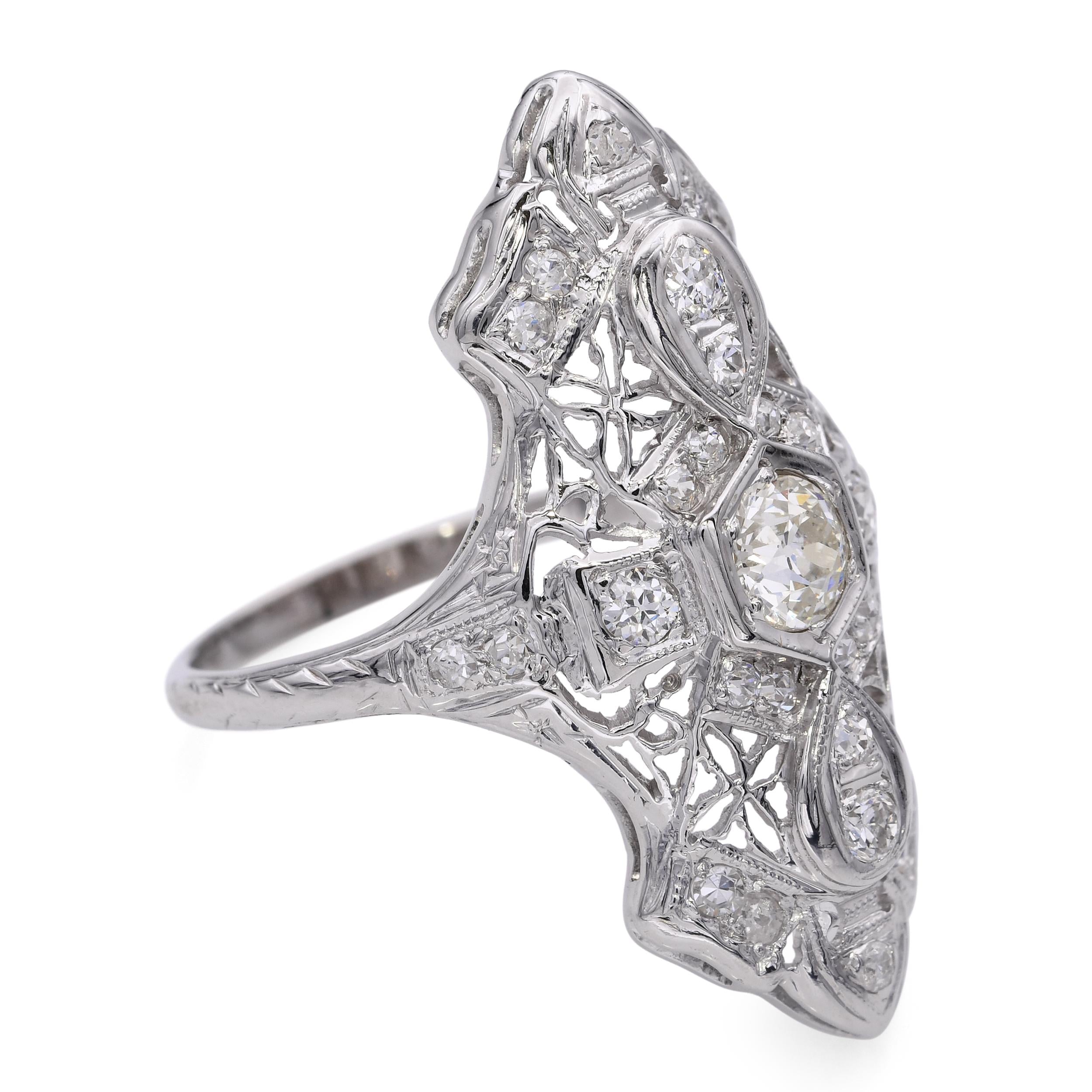 Art Deco 18k White Gold 0.67tcw Diamond Filigree Shield Ring