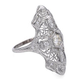 Art Deco 18k White Gold 0.67tcw Diamond Filigree Shield Ring