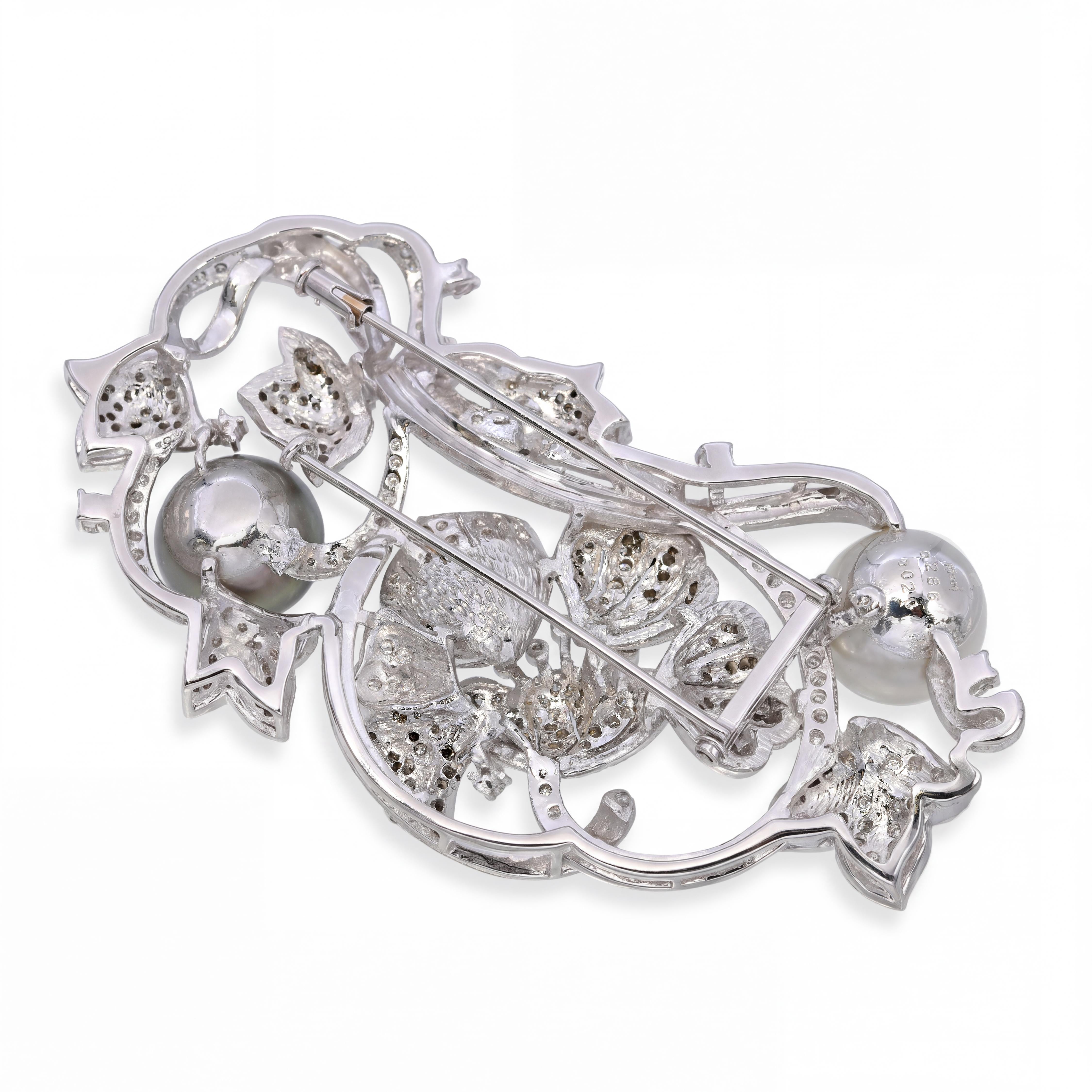 Large Platinum Pearl and 3.06ctw Diamond Floral Brooch