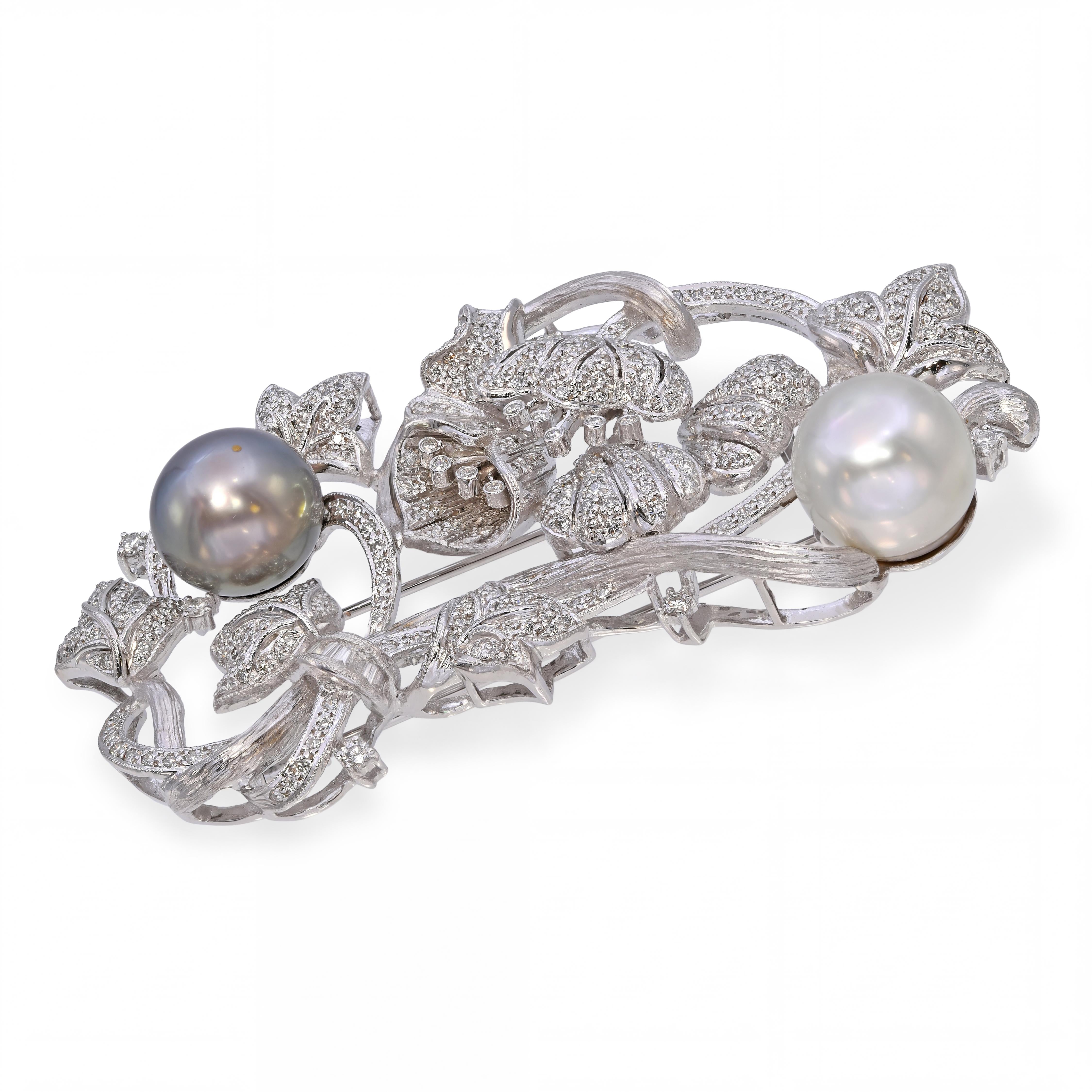 Large Platinum Pearl and 3.06ctw Diamond Floral Brooch