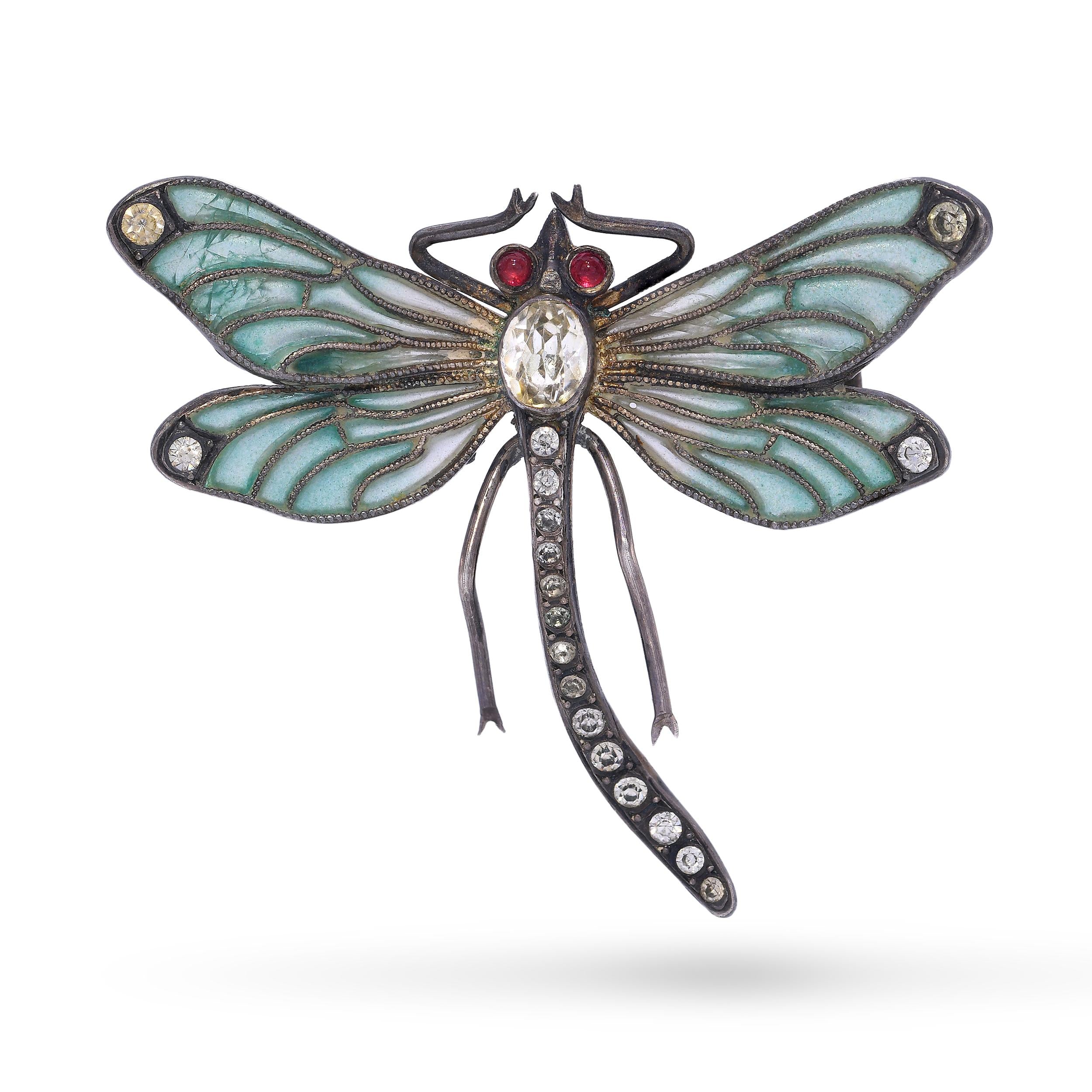 Antique Sterling Silver Plique a' Jour Enamel and Paste Dragonfly Brooch