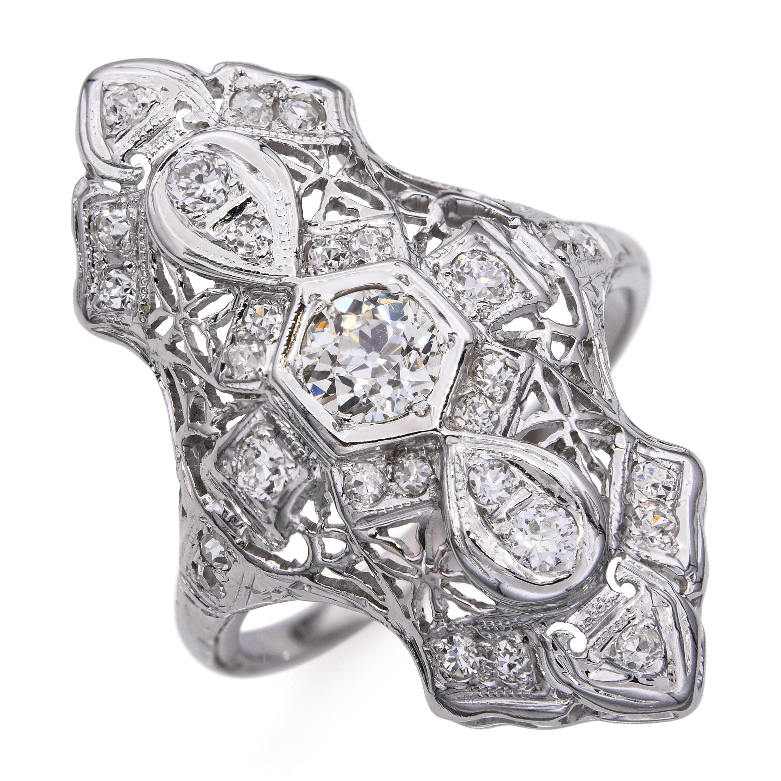 Art Deco 18k White Gold 0.67tcw Diamond Filigree Shield Ring