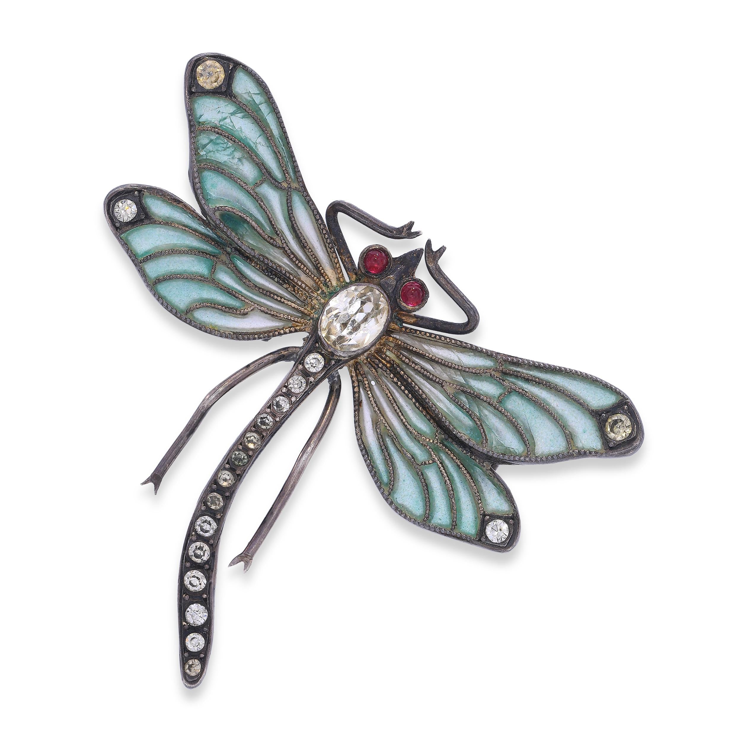 Antique Sterling Silver Plique a' Jour Enamel and Paste Dragonfly Brooch