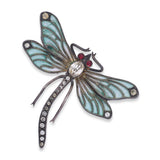 Antique Sterling Silver Plique a' Jour Enamel and Paste Dragonfly Brooch
