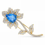Vintage 18k Yellow Gold Blue Topaz & 4.73ctw Diamond Flower Brooch