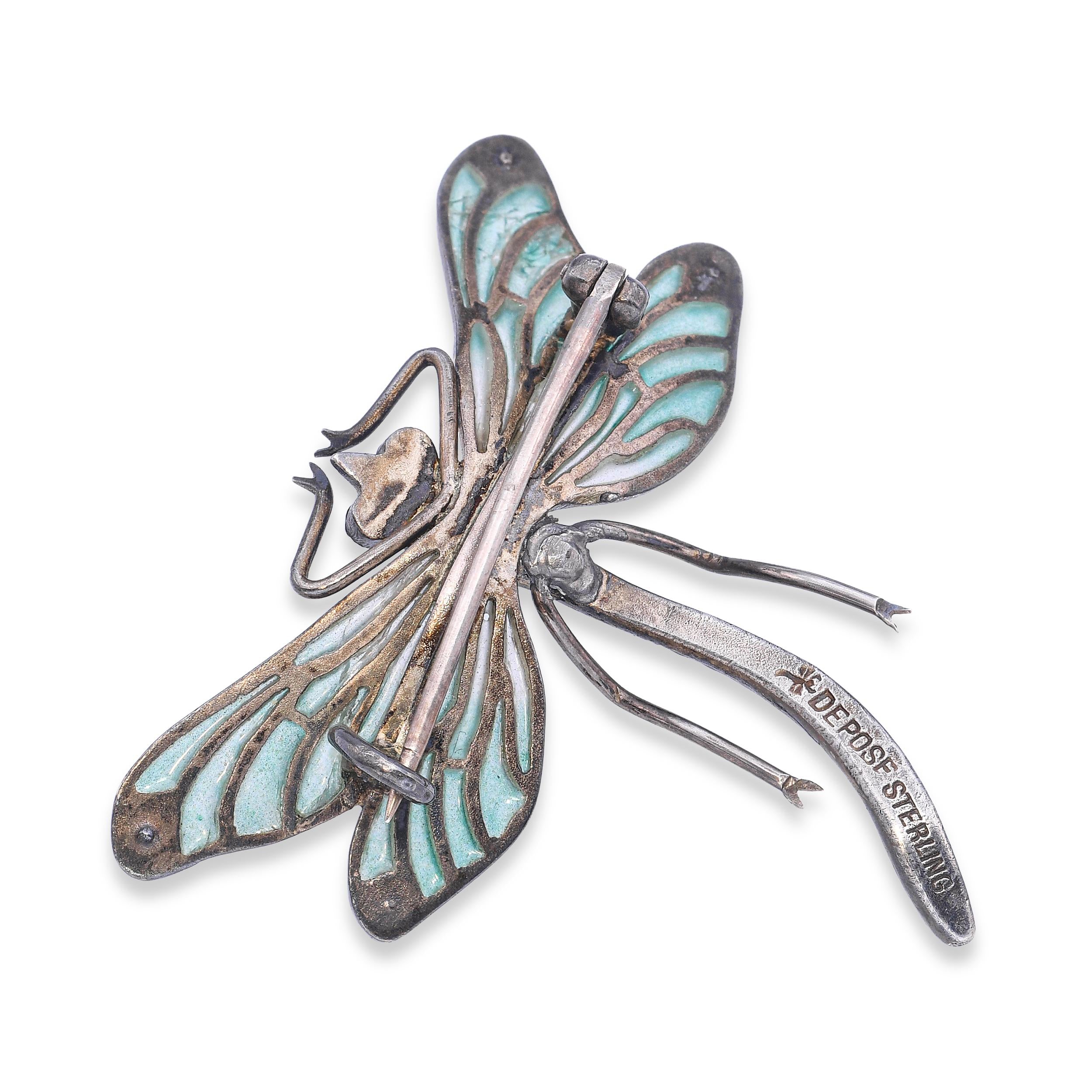 Antique Sterling Silver Plique a' Jour Enamel and Paste Dragonfly Brooch