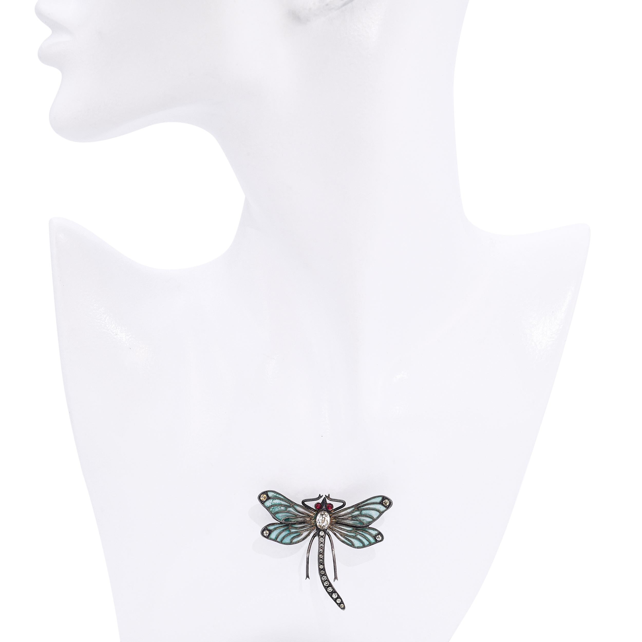 Antique Sterling Silver Plique a' Jour Enamel and Paste Dragonfly Brooch